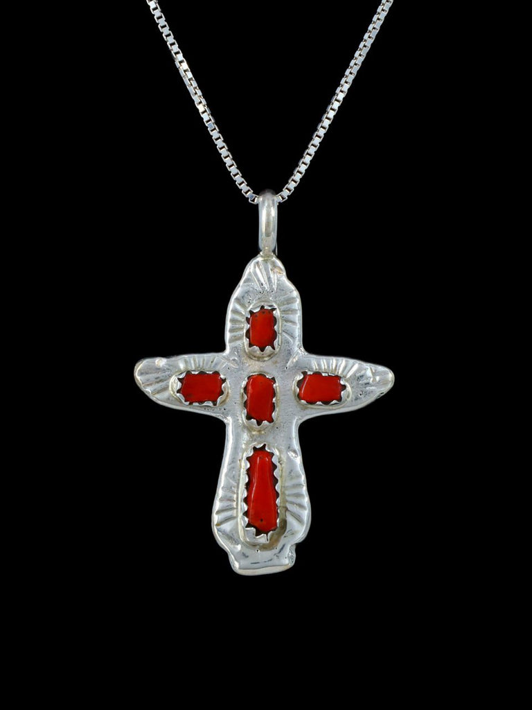 Sterling Silver Zuni Coral Cross Necklace - PuebloDirect.com