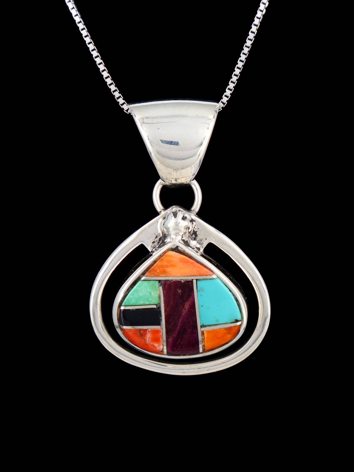 Navajo Multistone Mosaic Sterling Silver Inlay Pendant - PuebloDirect.com