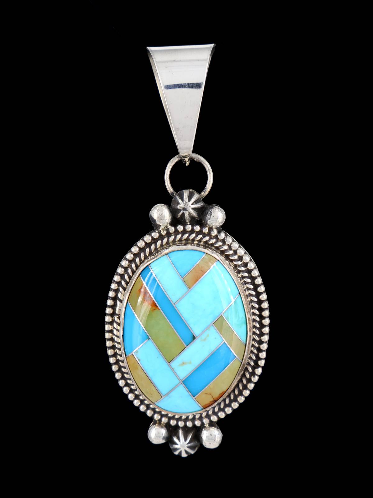 Turquoise Mosaic Inlay Sterling Silver Navajo Pendant - PuebloDirect.com