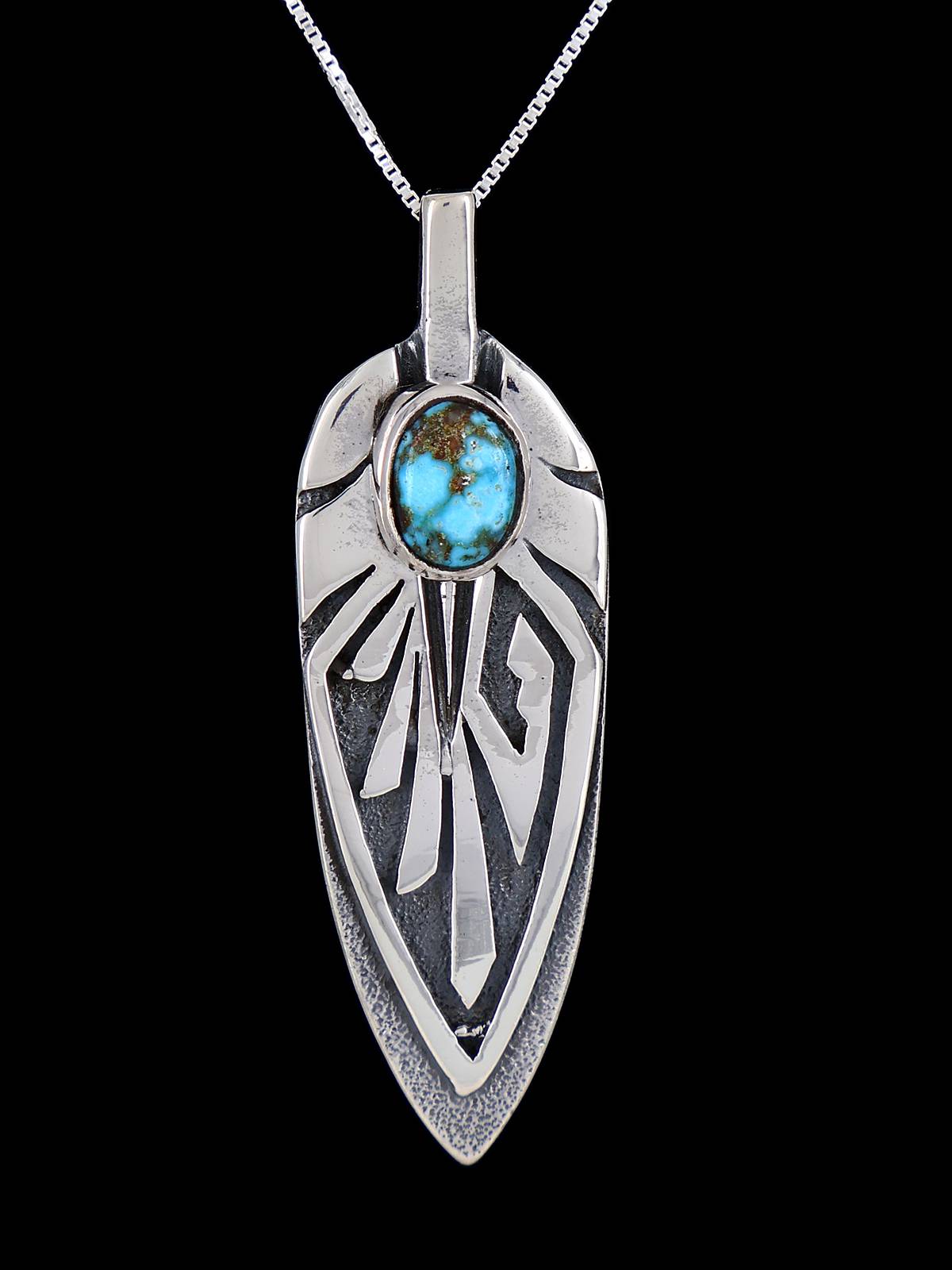 Navajo Sterling Silver Kingman Turquoise Feather Pendant - PuebloDirect.com
