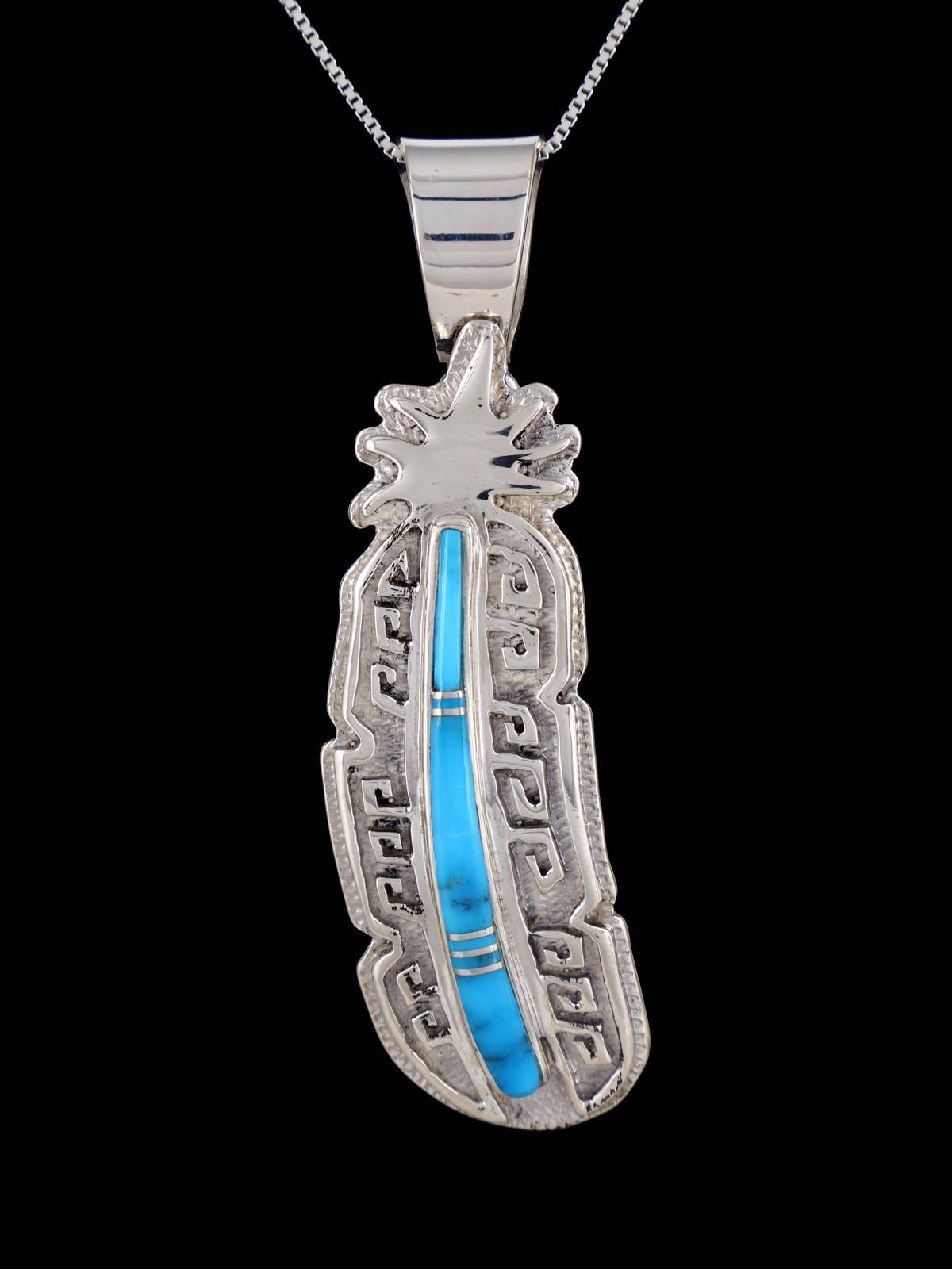 Navajo Inlay Turquoise Sterling Silver Feather Pendant - PuebloDirect.com