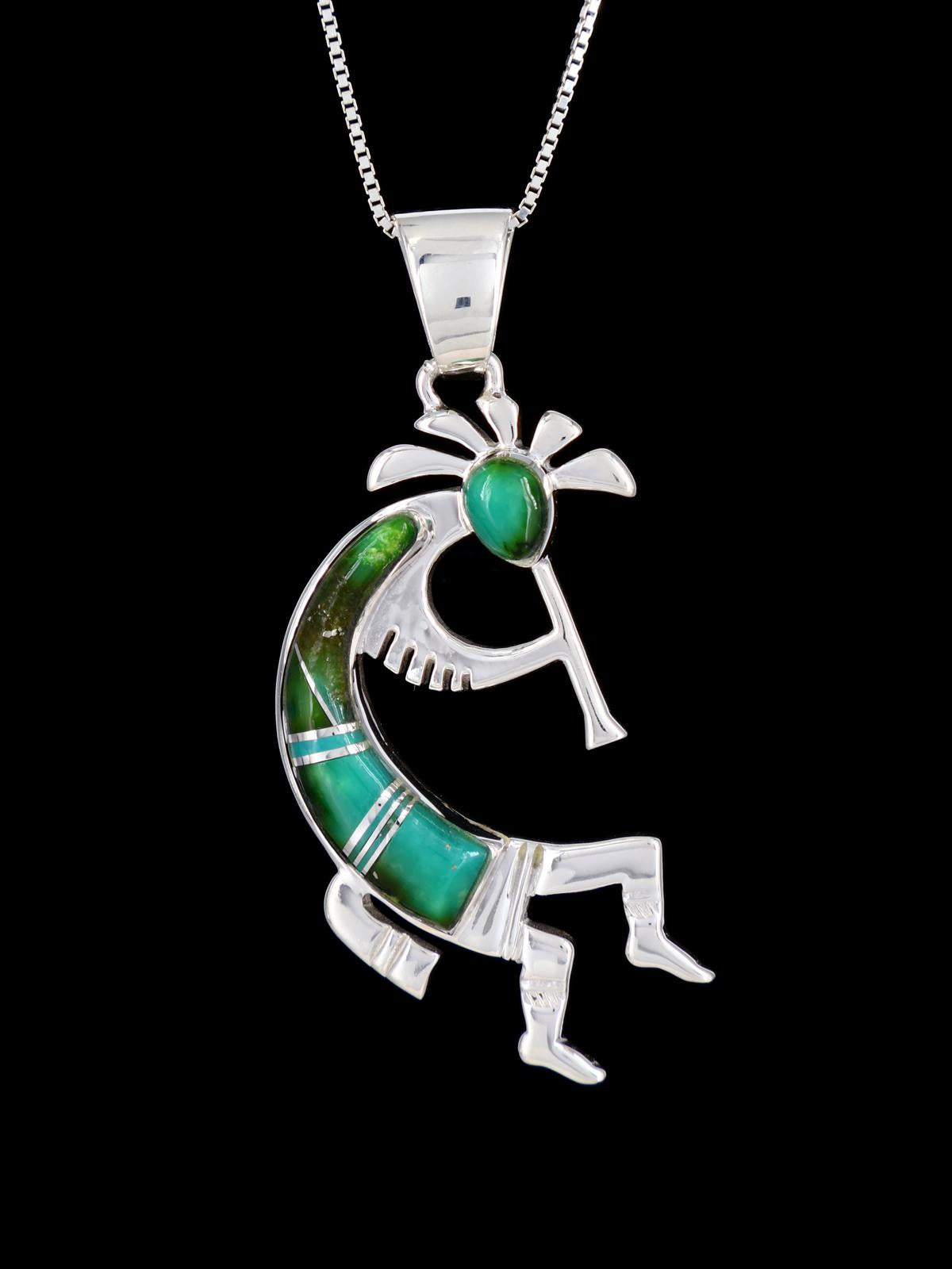 Navajo Sonoran Gold Turquoise Inlay Kokopelli Pendant - PuebloDirect.com