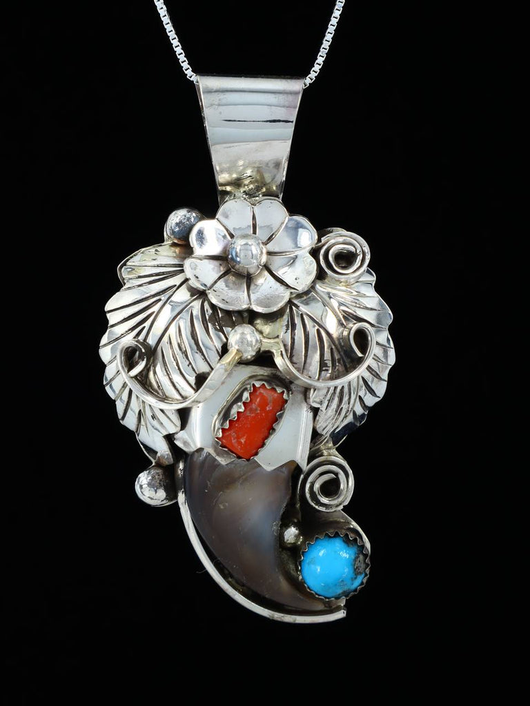 Navajo Sterling Silver Turquoise and Coral Claw Pendant - PuebloDirect.com