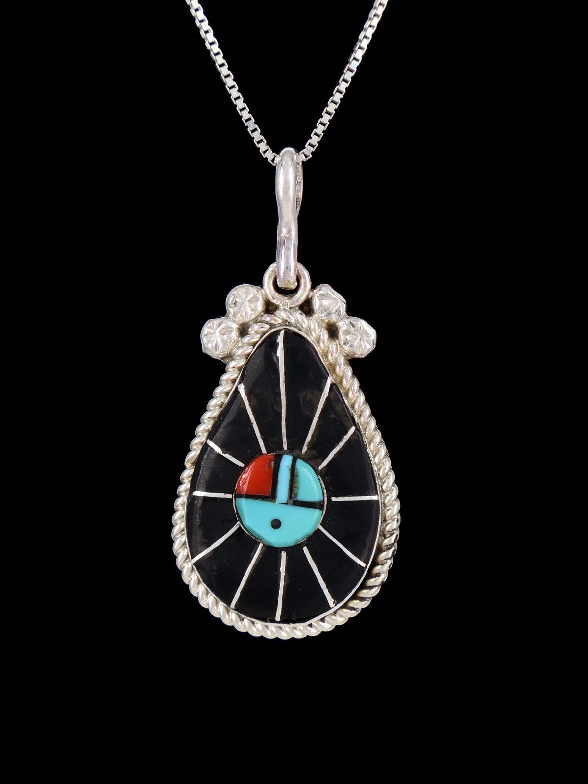 Native American Jewelry Zuni Inlay Sunface Pendant - PuebloDirect.com