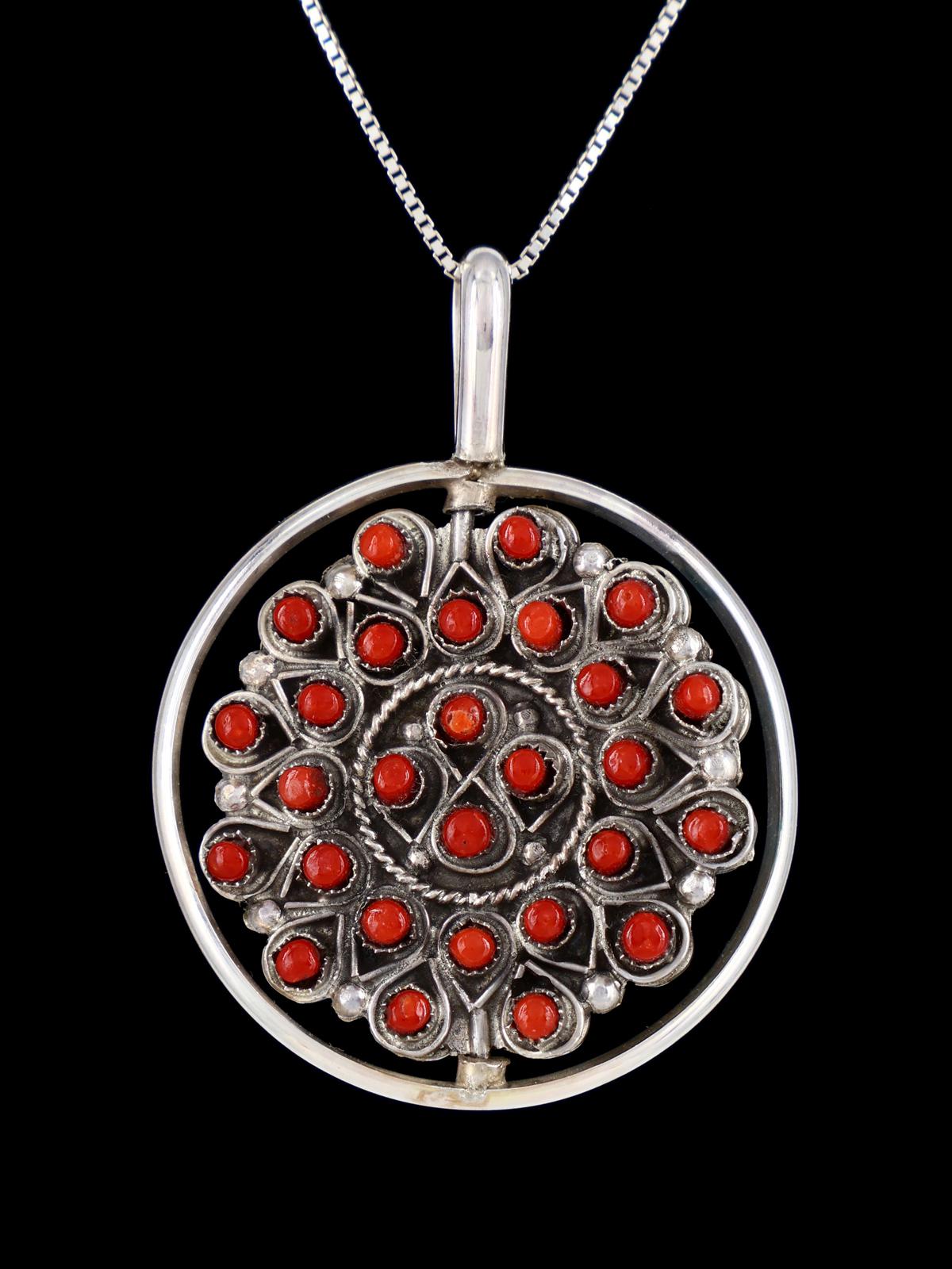 Coral and Turquoise Cluster Sterling Silver Zuni Reversible Spinner Pendant - PuebloDirect.com