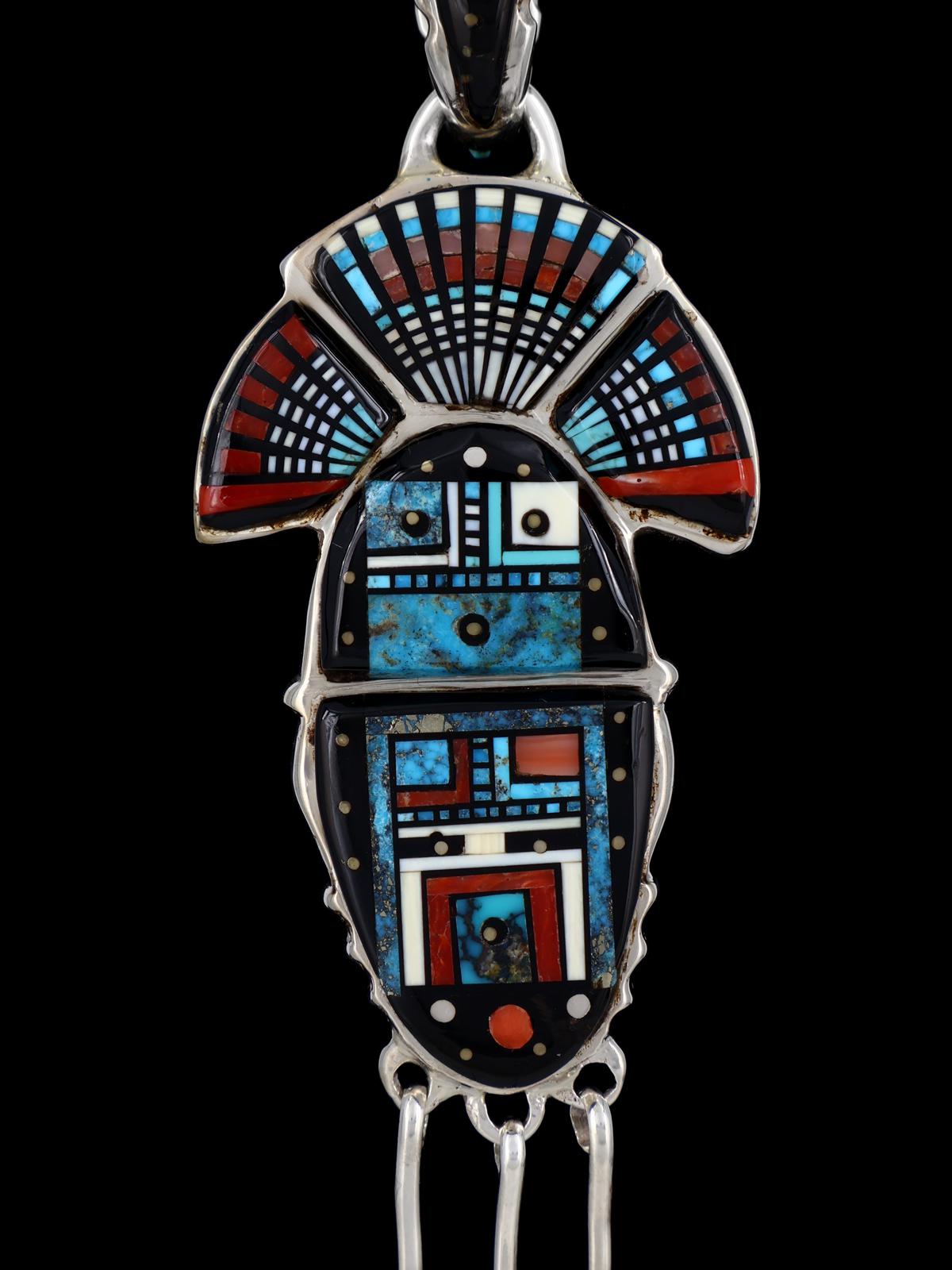 Navajo Sterling Silver Turquoise Inlay Yei Pendant - PuebloDirect.com