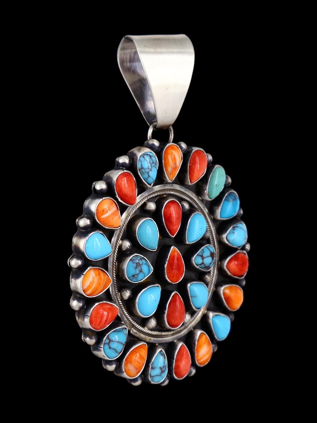 Navajo Turquoise and Spiny Oyster Sterling Silver Cluster Pendant - PuebloDirect.com