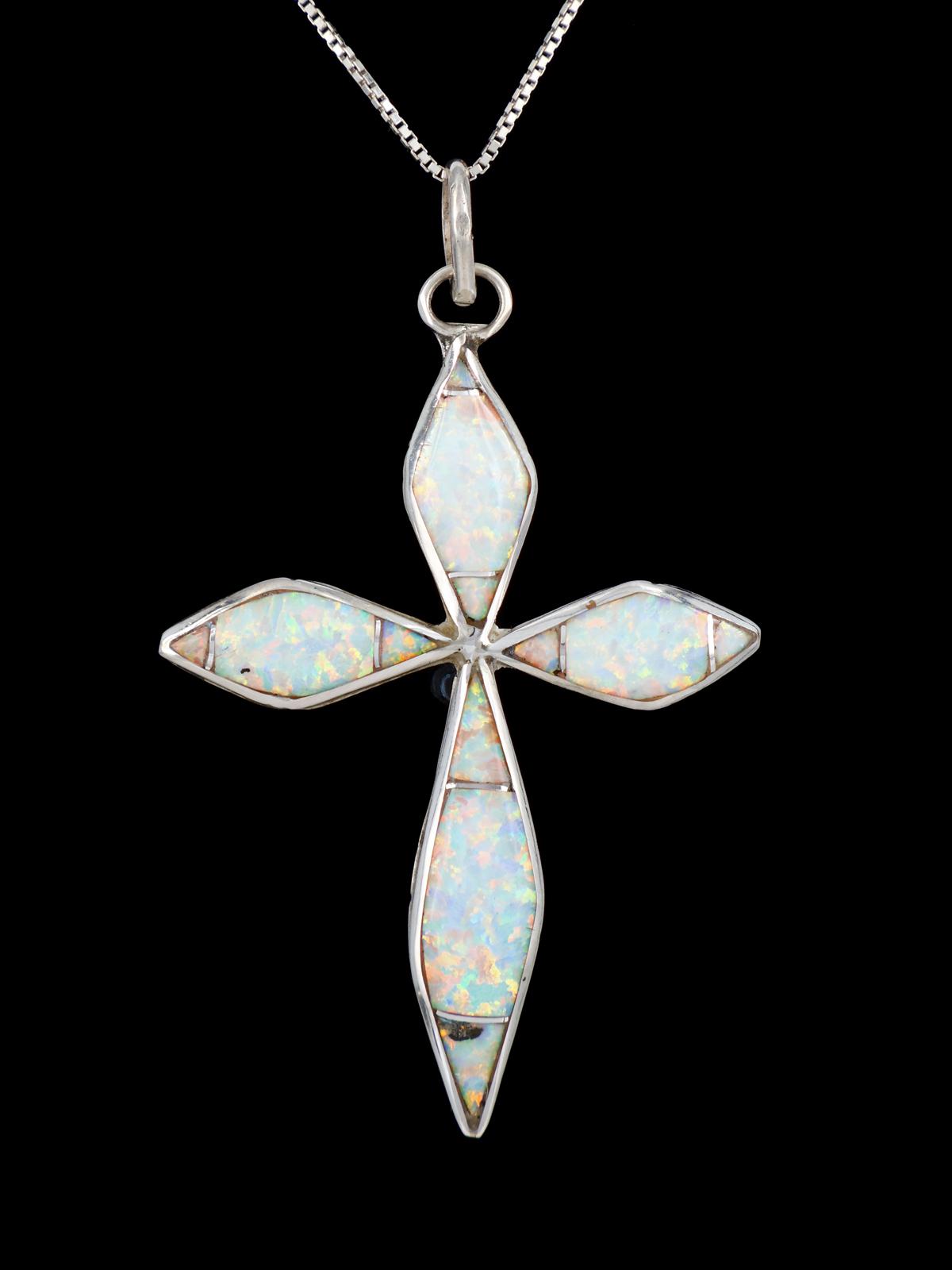 Sterling Silver Zuni Inlay Opalite Cross Pendant - PuebloDirect.com