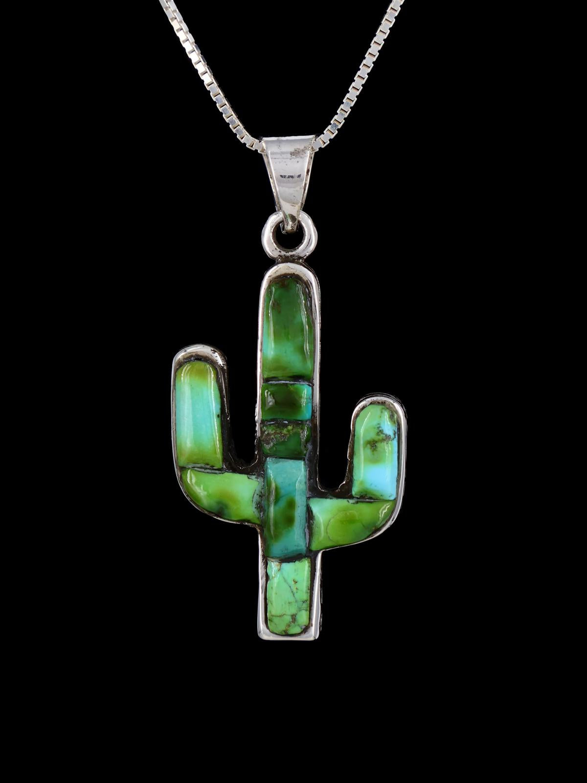 Native American Sonoran Gold Turquoise Cobblestone Inlay Cactus Pendant