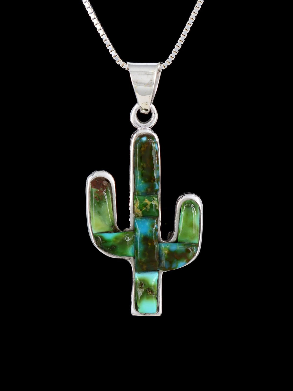 Native American Sonoran Gold Turquoise Cobblestone Inlay Cactus Pendant