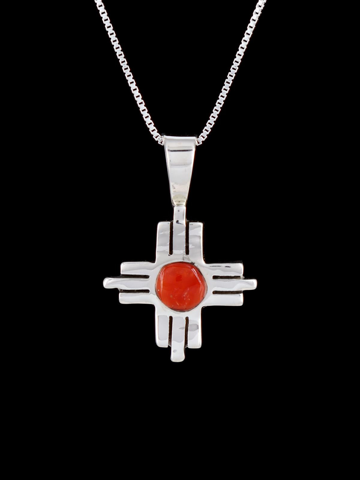 Native American Jewelry Sterling Silver Coral Zia Pendant