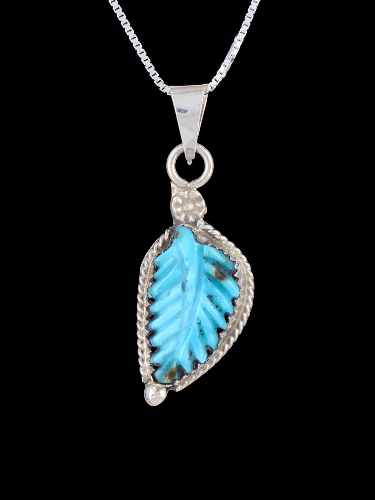 Native American Sterling Silver Carved Turquoise Leaf Pendant