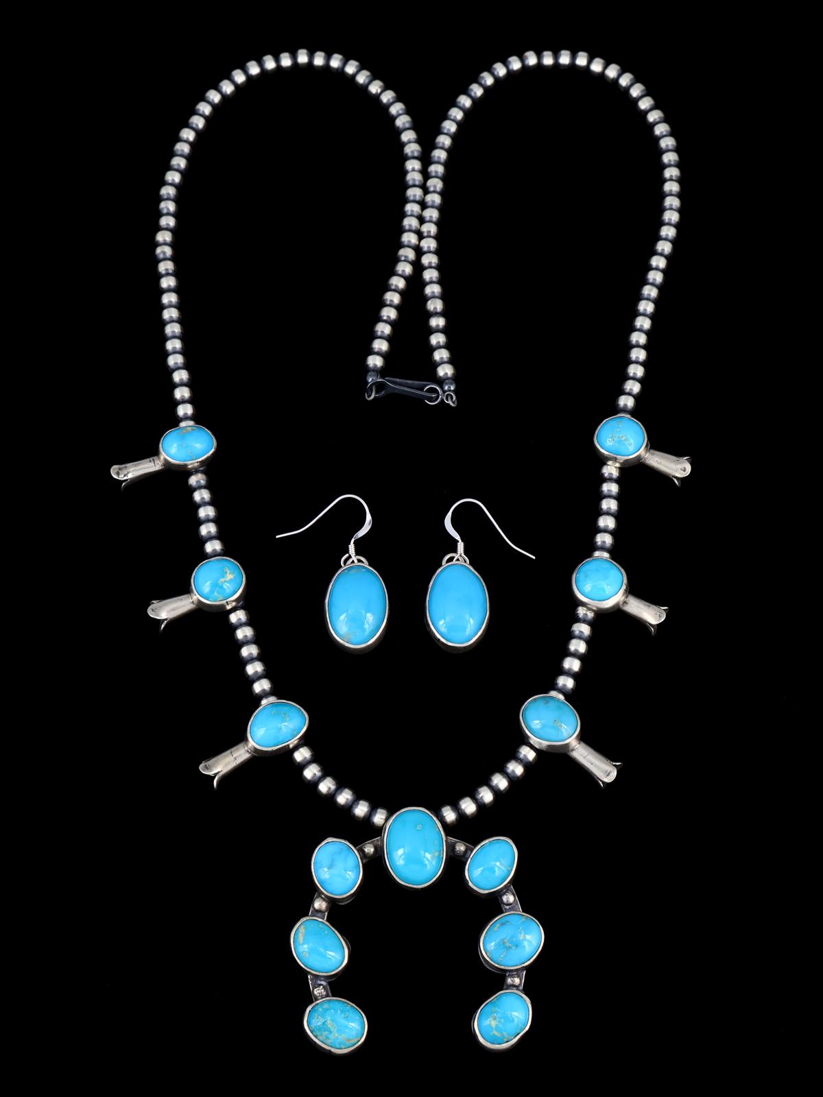 Native American Sterling Silver Turquoise Petite Squash Blossom Necklace Set