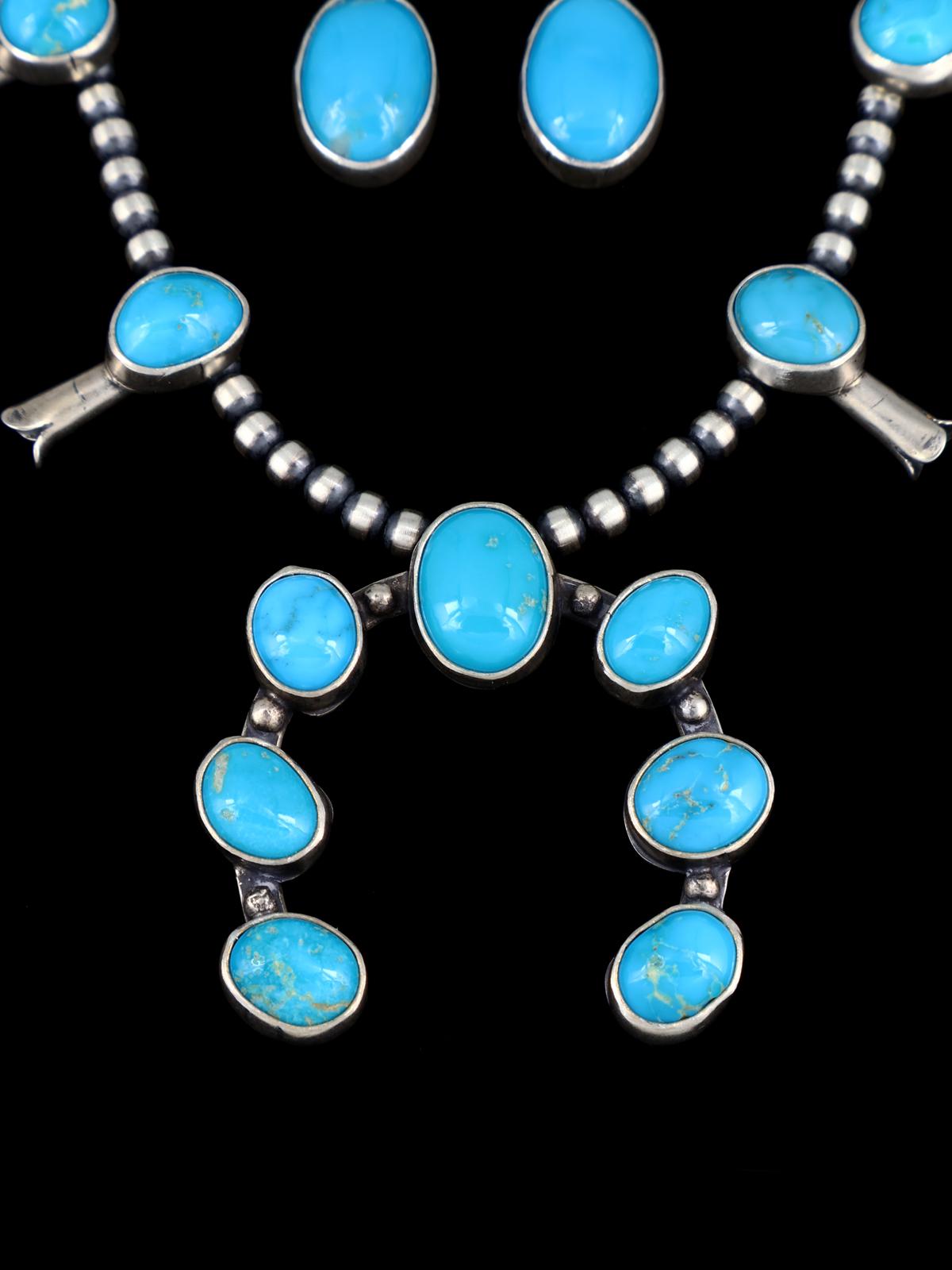 Native American Sterling Silver Turquoise Petite Squash Blossom Necklace Set