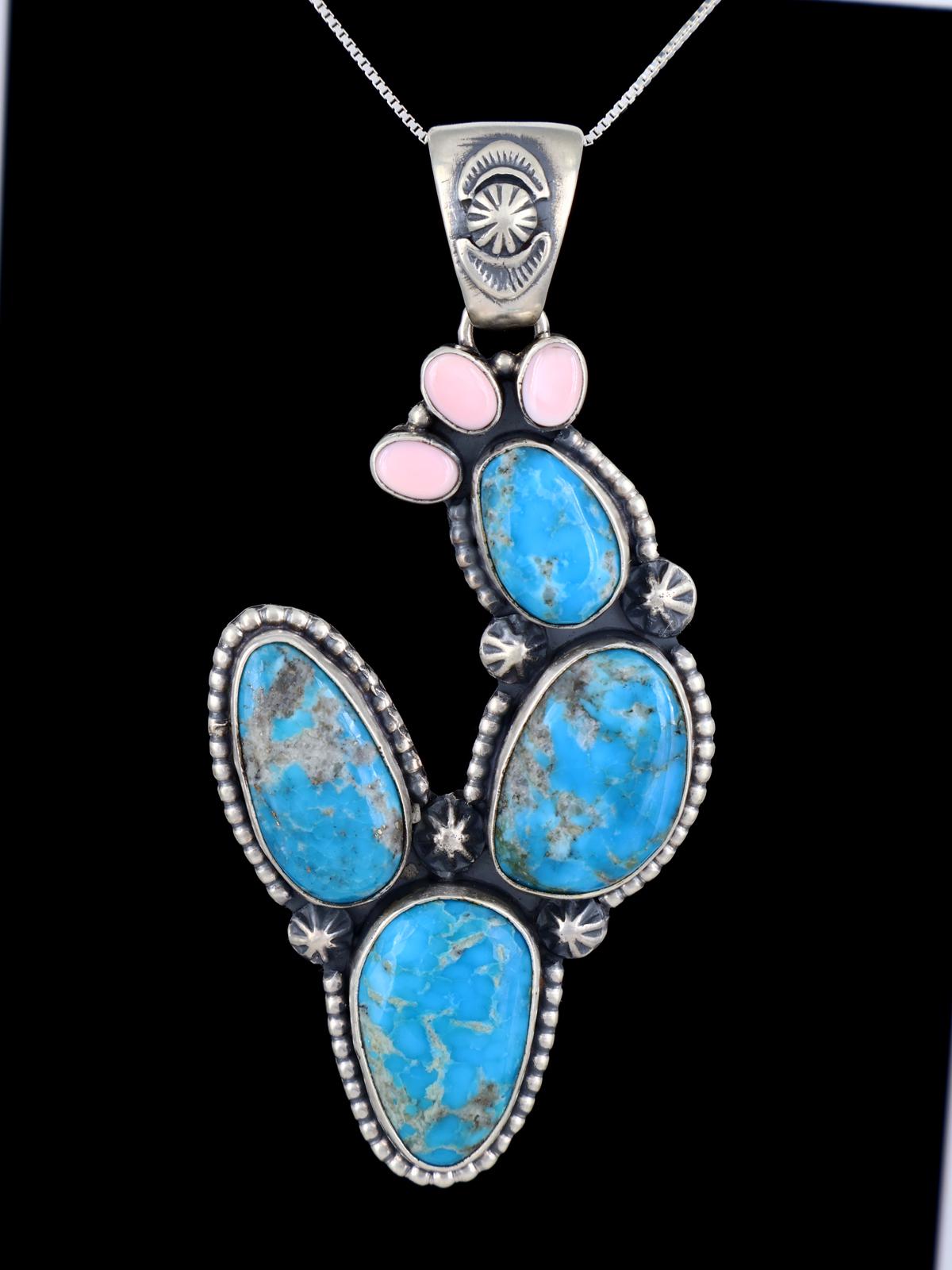 Navajo Sterling Silver Turquoise Prickly Pear Cactus Pendant