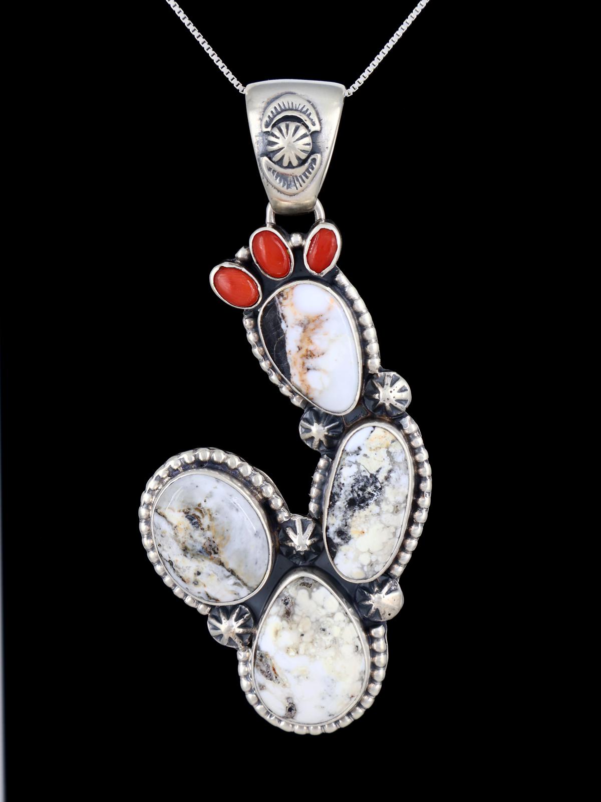 Navajo Sterling Silver White Buffalo Prickly Pear Cactus Pendant