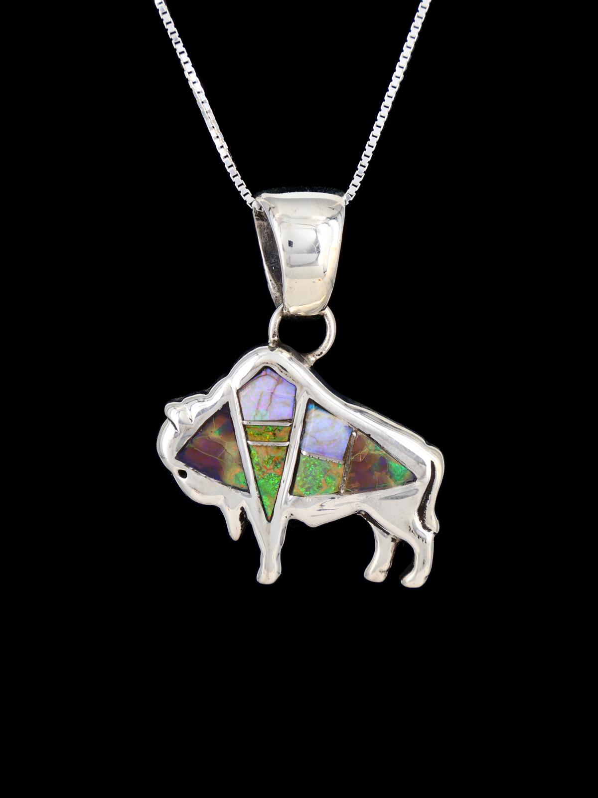 Navajo Sterling Silver Spiderweb Opal Buffalo Inlay Pendant