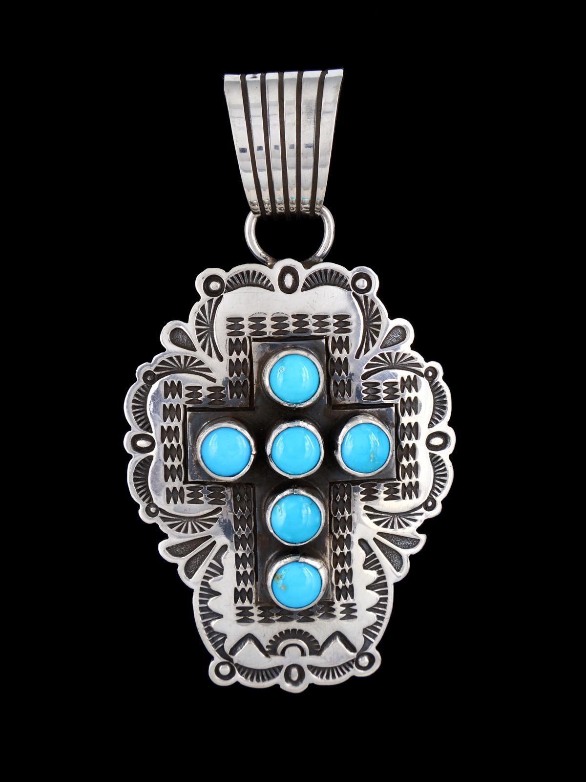 Native American Sleeping Beauty Turquoise Cross Sterling Silver Pendant