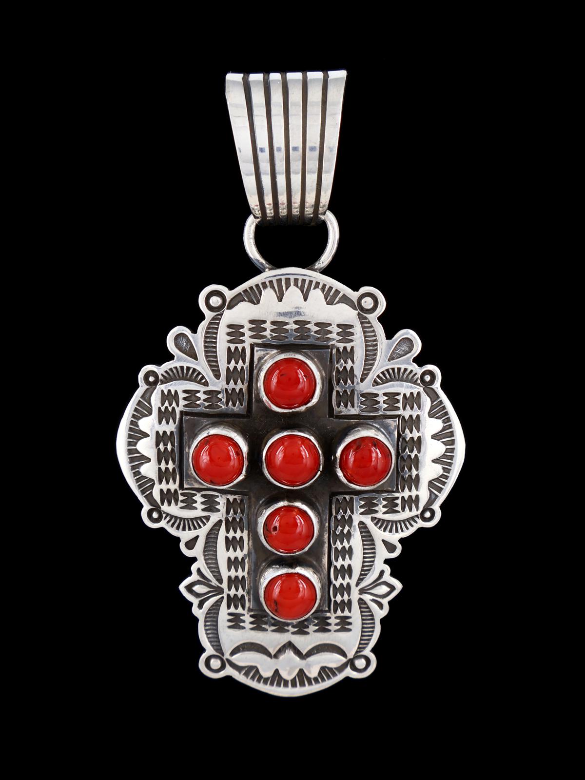Native American Coral Cross Sterling Silver Pendant