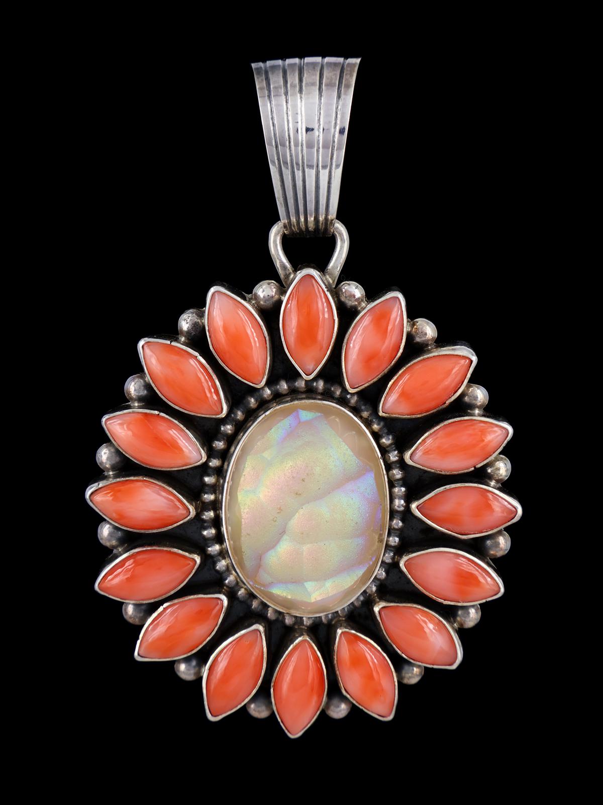 Navajo Pink Coral and Druzy Sterling Silver Cluster Pendant