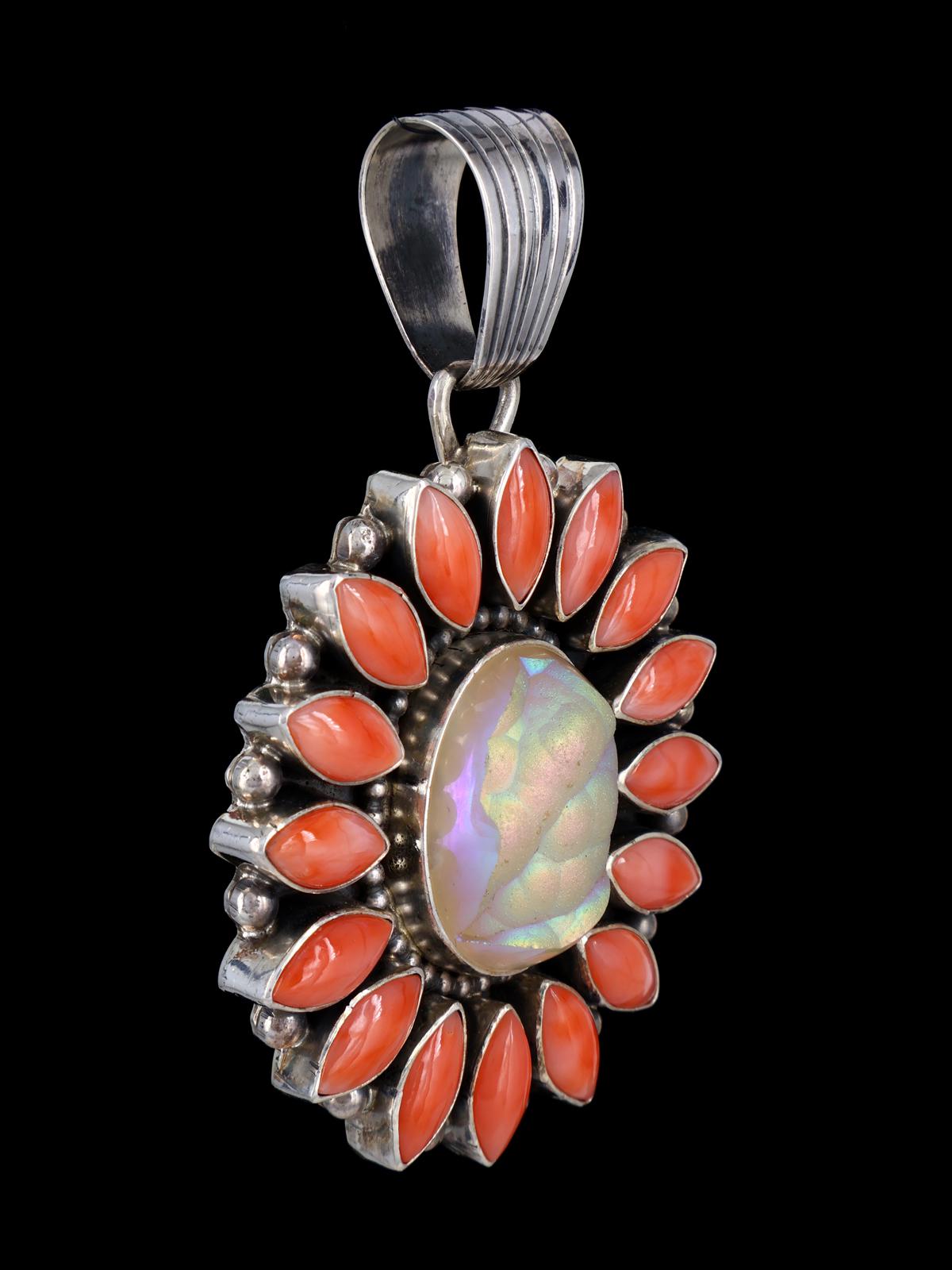 Navajo Pink Coral and Druzy Sterling Silver Cluster Pendant
