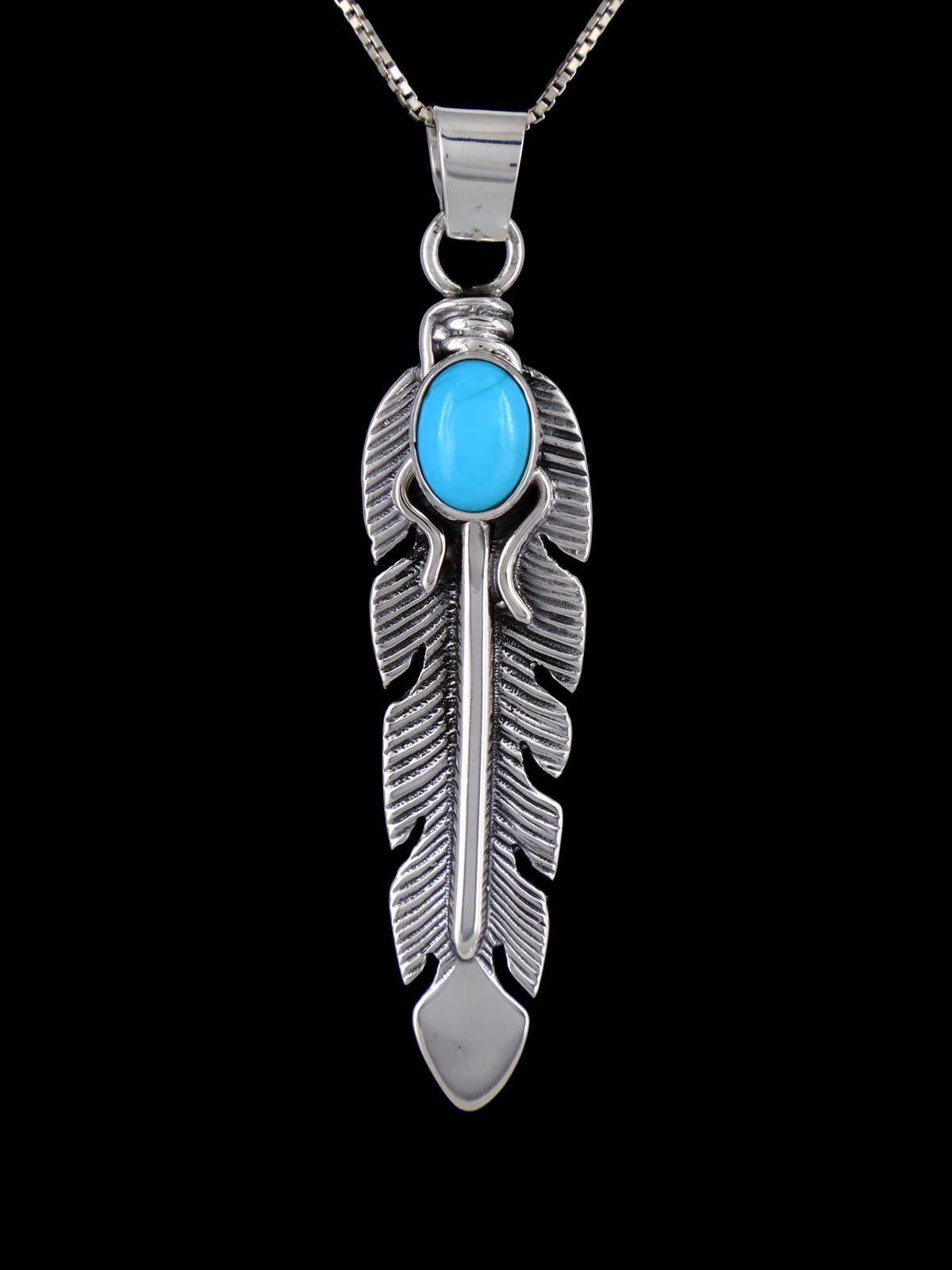 Navajo Crafted Sterling Silver Sleeping Beauty Turquoise Feather Pendant