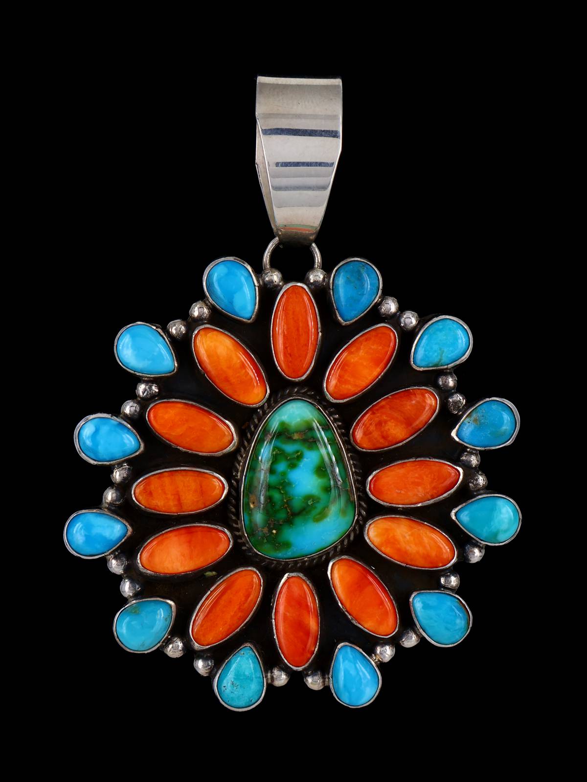 Native American Spiny Oyster and Turquoise Cluster Pendant - PuebloDirect.com