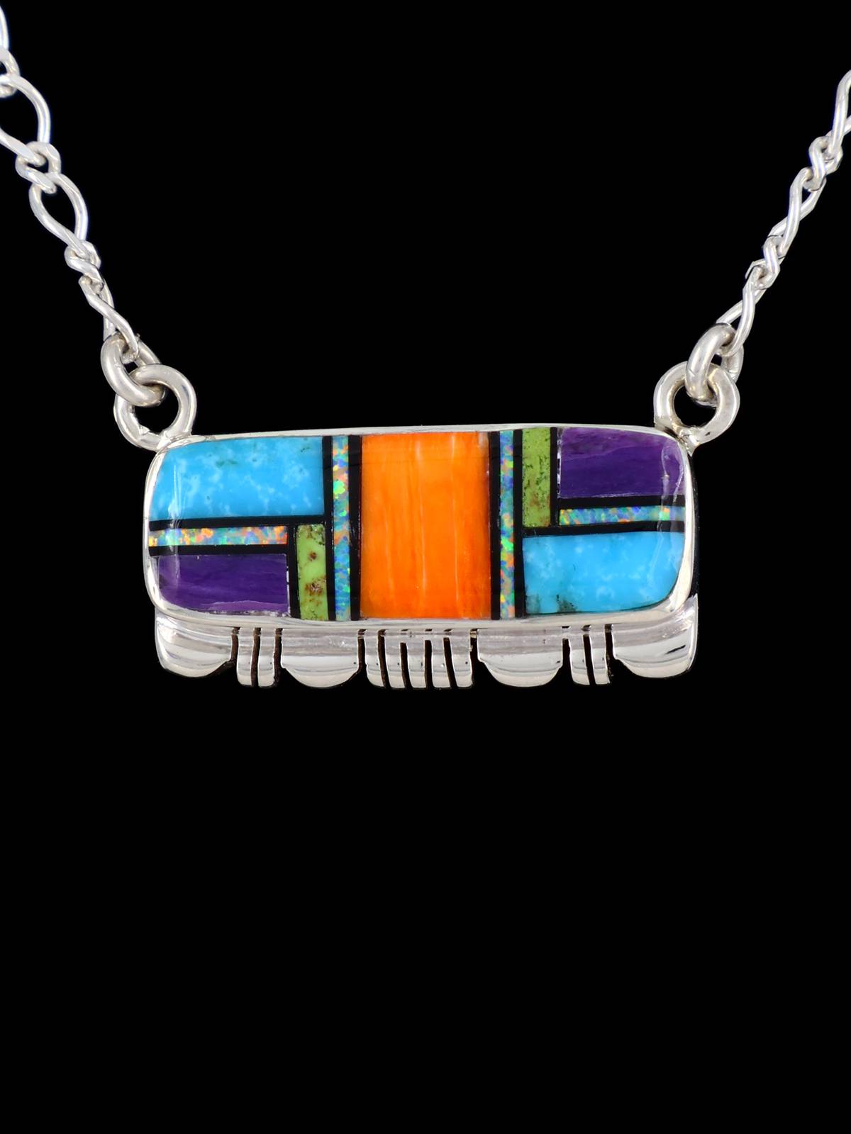 Native American Jewelry Sterling Silver Multistone Inlay Necklace