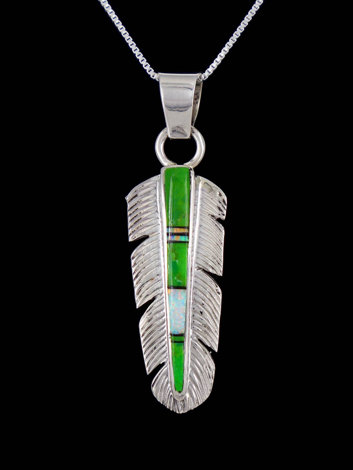 Native American Green Gaspeite Feather Inlay Pendant - PuebloDirect.com