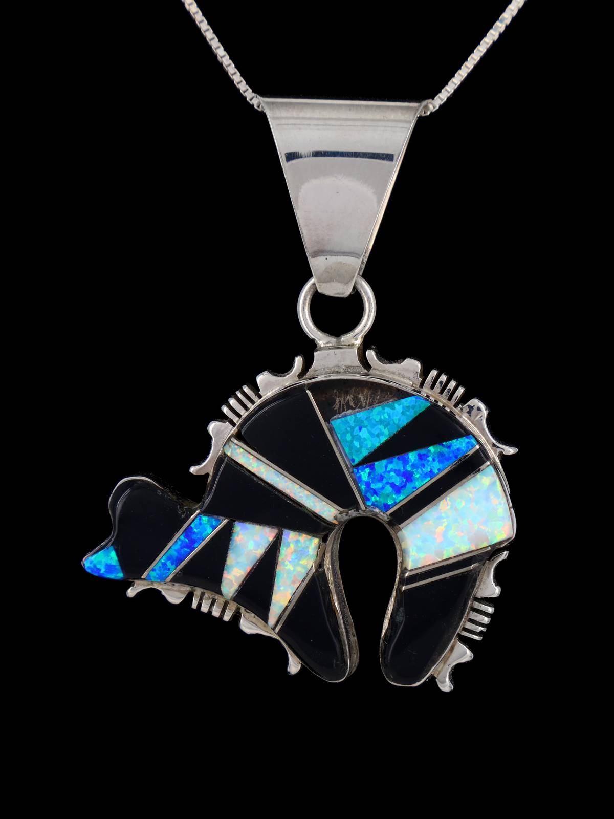 Navajo Onyx and Opalite Mosaic Inlay Bear Pendant