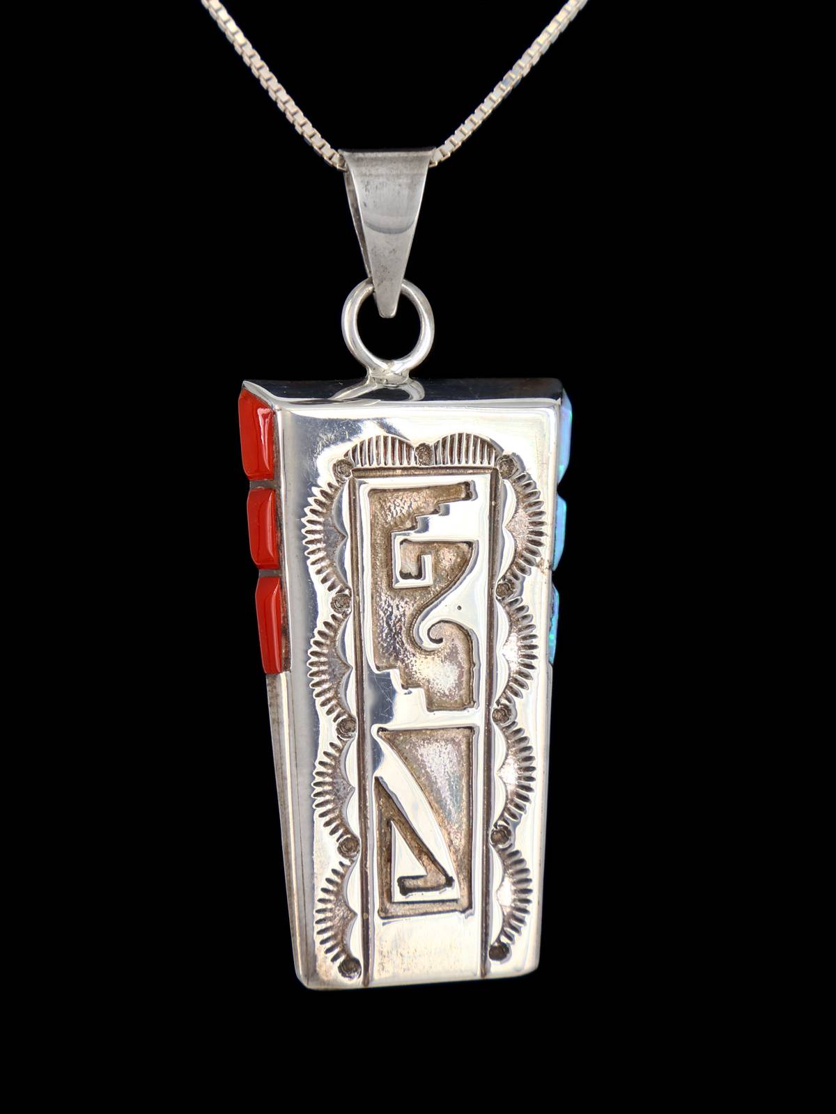 Native American Jewelry Coral and Opalite Overlay Pendant
