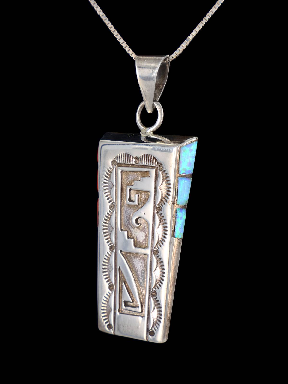 Native American Jewelry Coral and Opalite Overlay Pendant