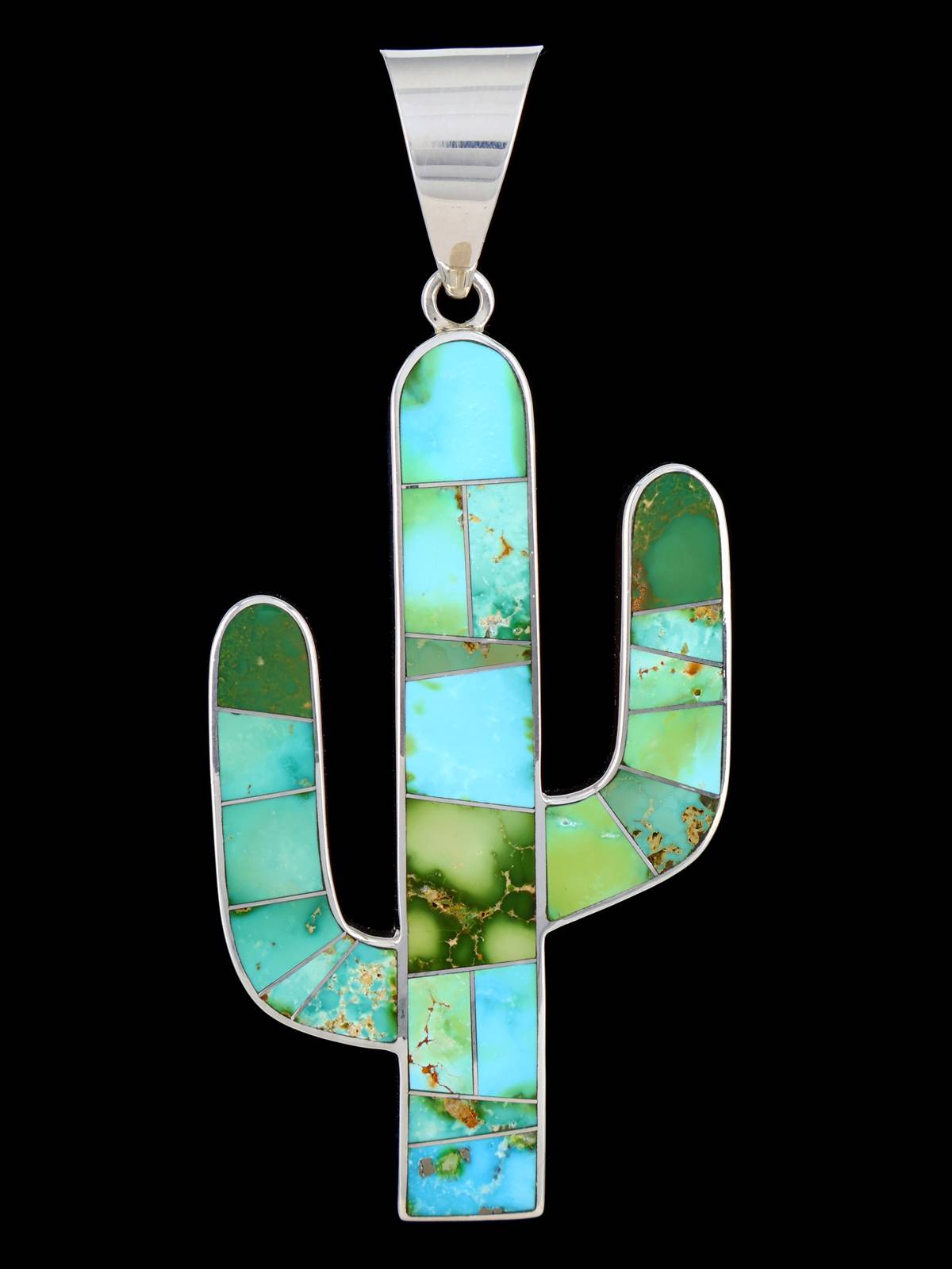 Large Native American Sonoran Gold Turquoise Inlay Cactus Pendant