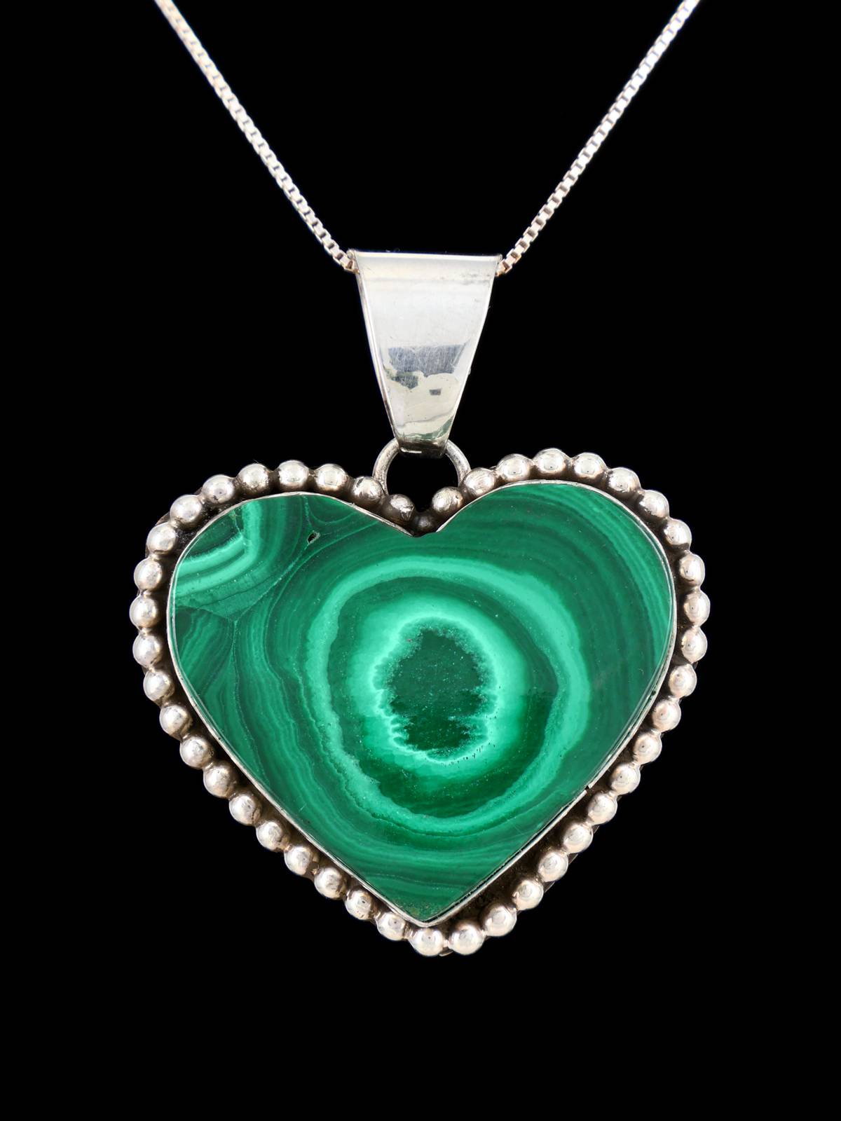 Sterling Silver Green Malachite Navajo Made Heart Pendant