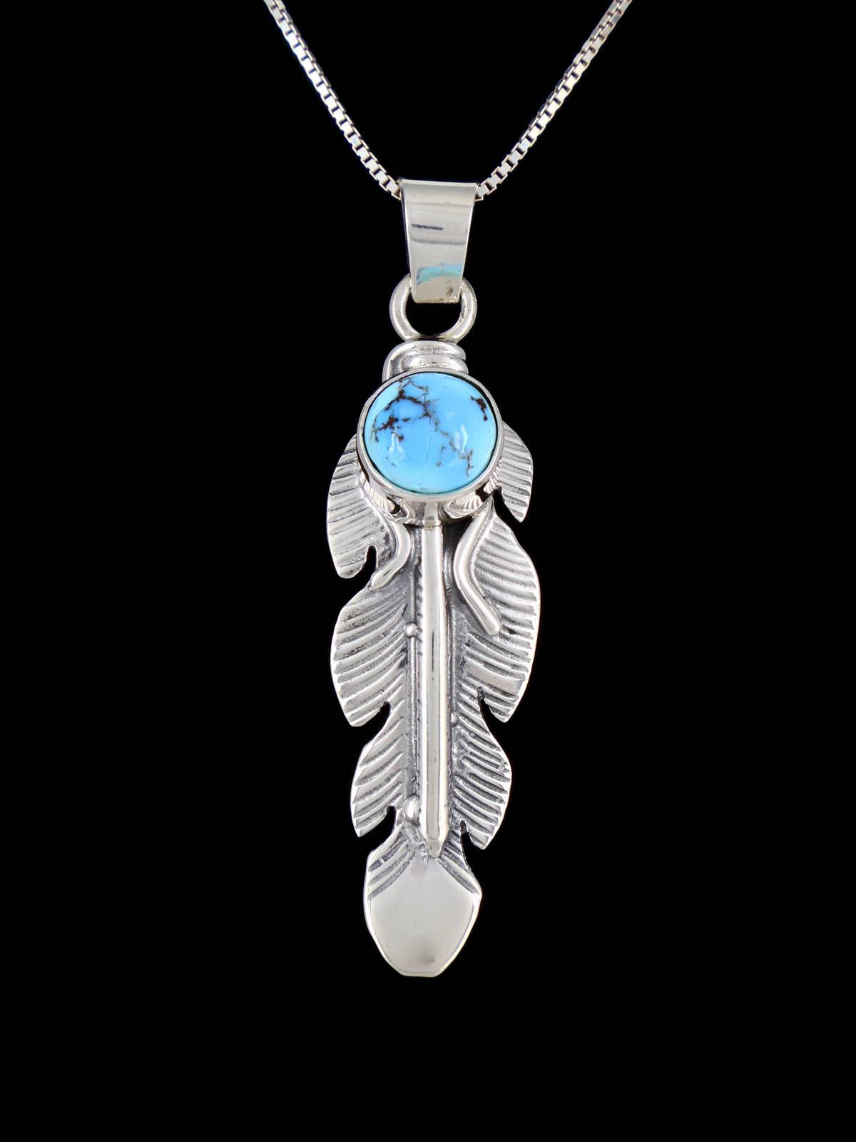 Navajo Crafted Sterling Silver Golden Hill Turquoise Feather Pendant