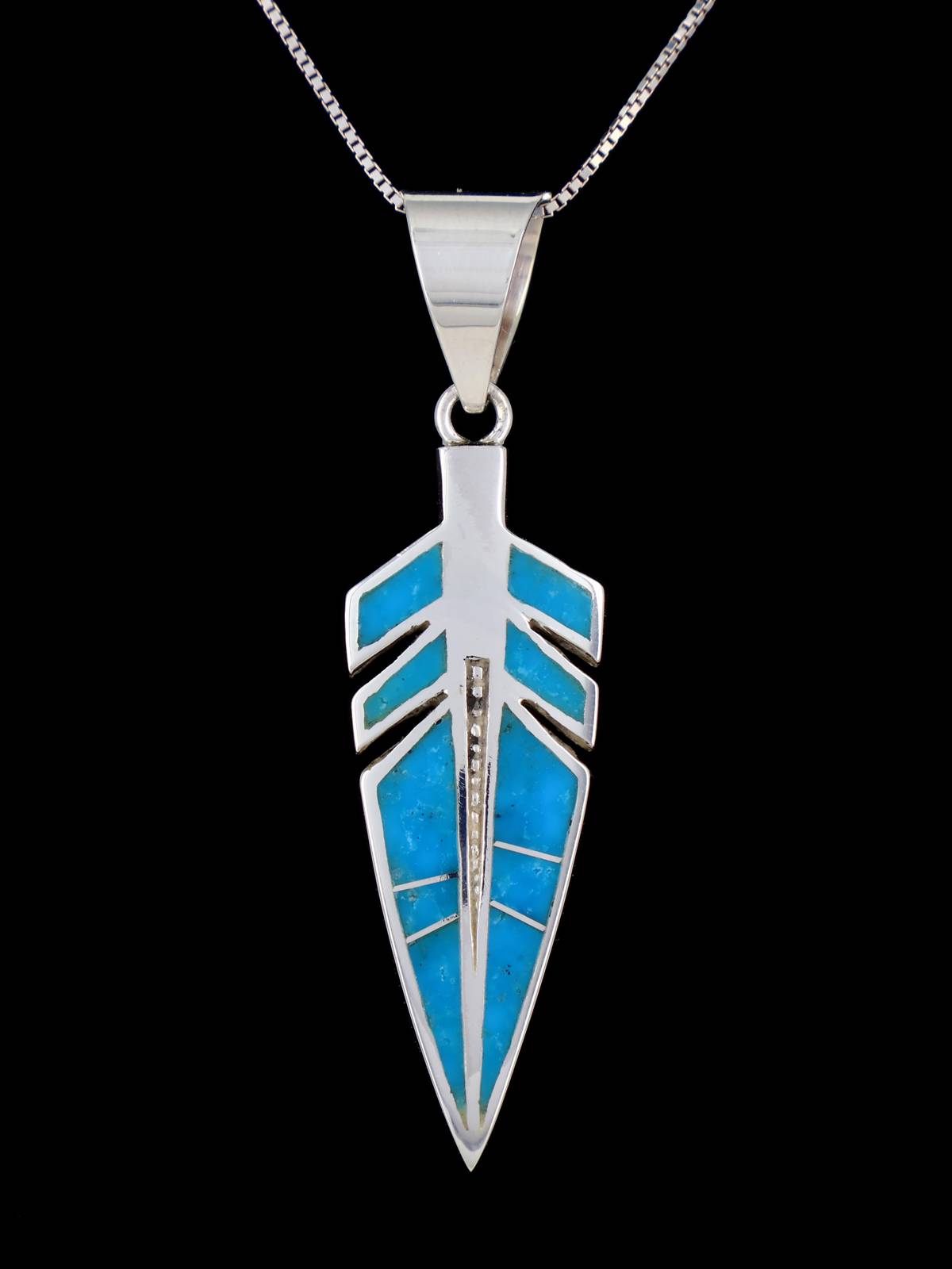 Native American Sterling Silver Turqoise Inlay Feather Pendant