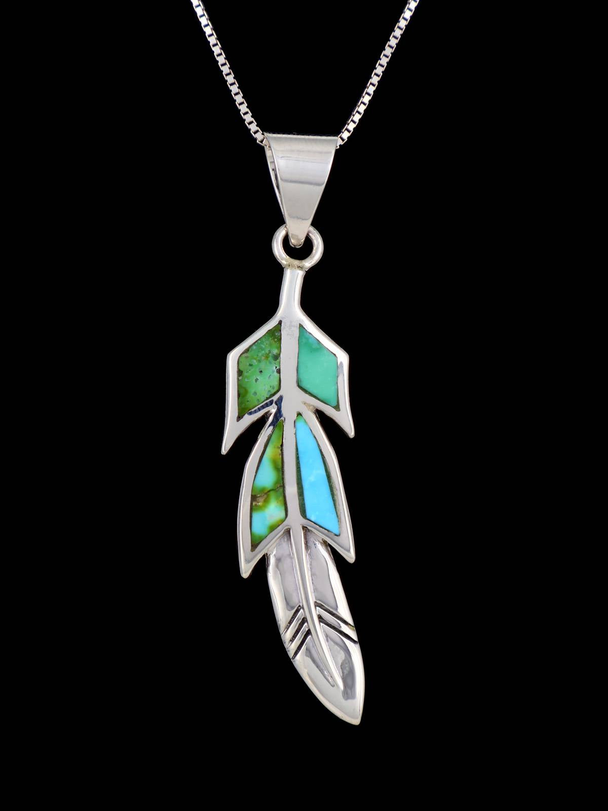 Native American Sonoran Gold Turquoise Inlay Feather Pendant