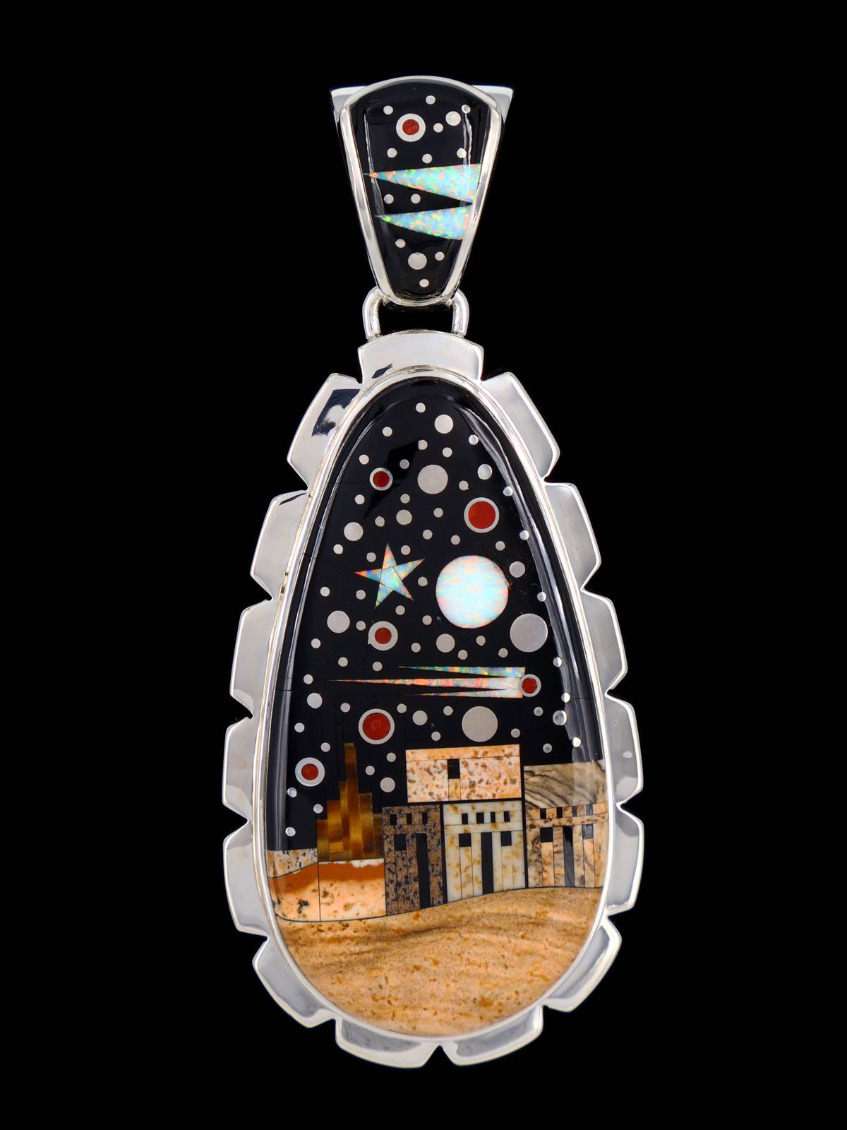 Native American Reversible Night Sky Pueblo Scene Inlay Pendant