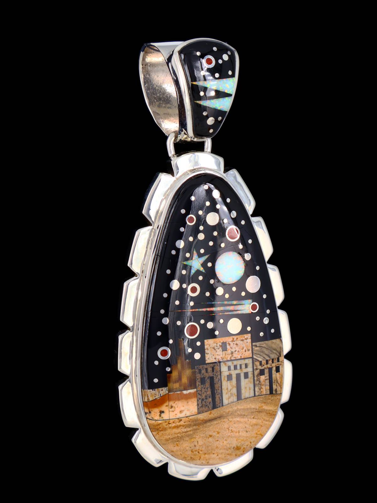 Native American Reversible Night Sky Pueblo Scene Inlay Pendant