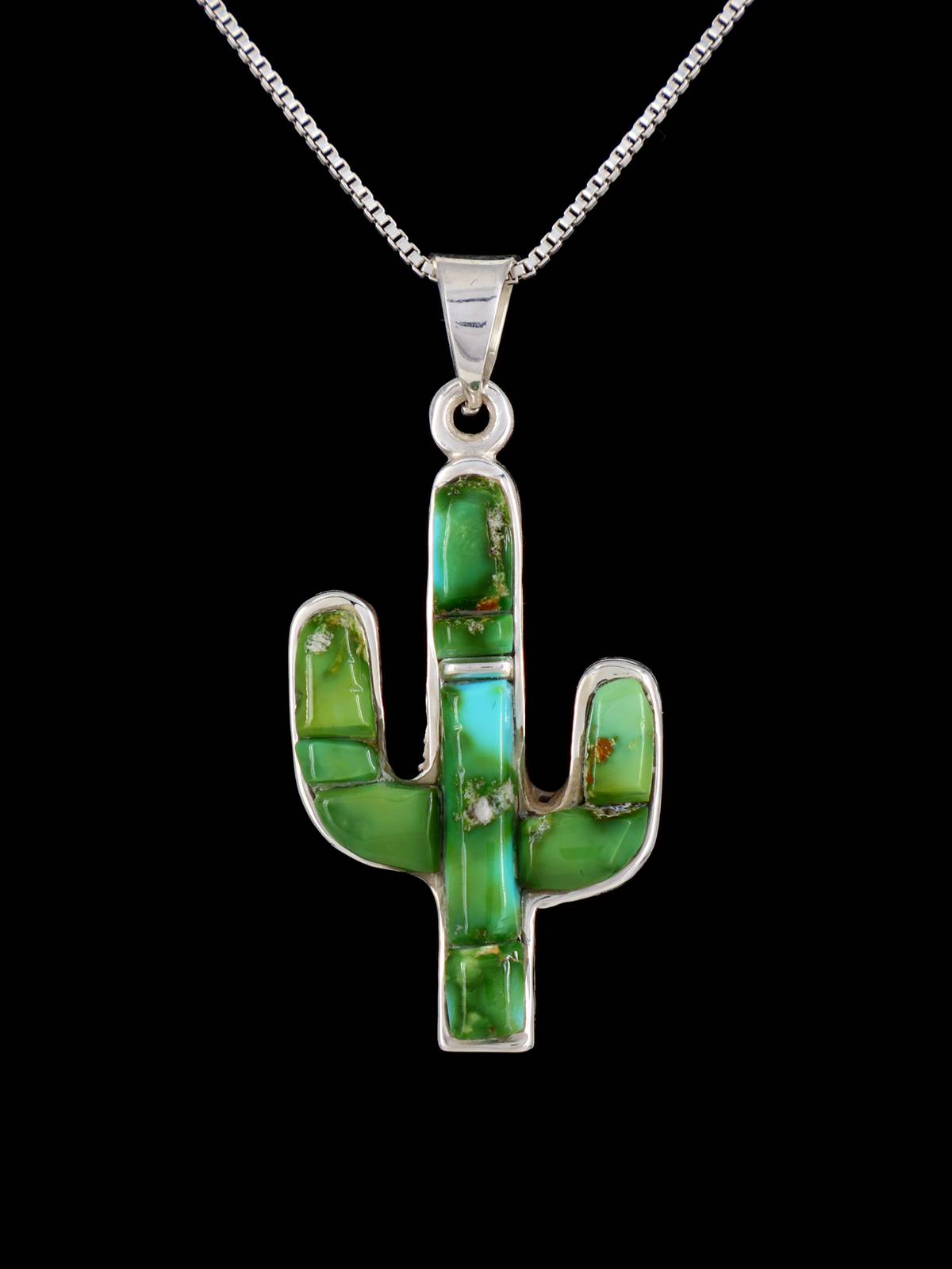Native American Sonoran Gold Turquoise Cobblestone Inlay Cactus Pendant