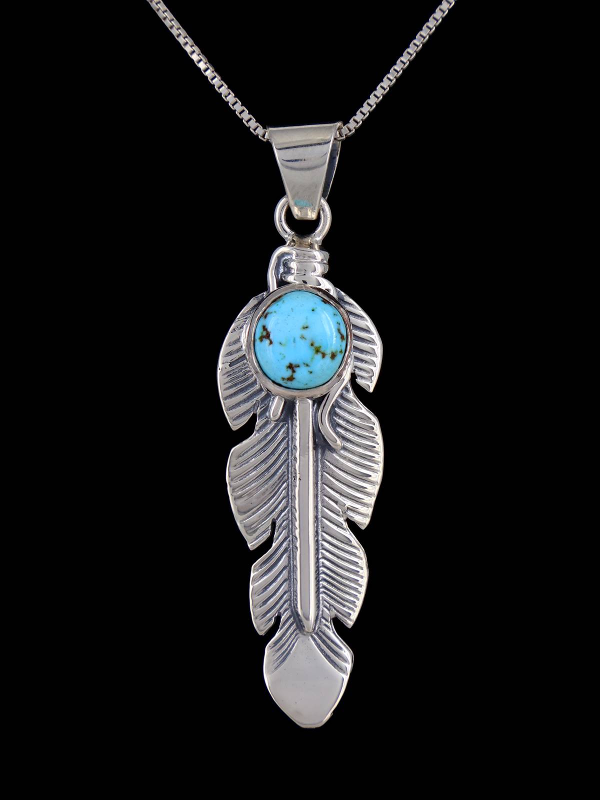 Navajo Crafted Sterling Silver Golden Hill Turquoise Feather Pendant