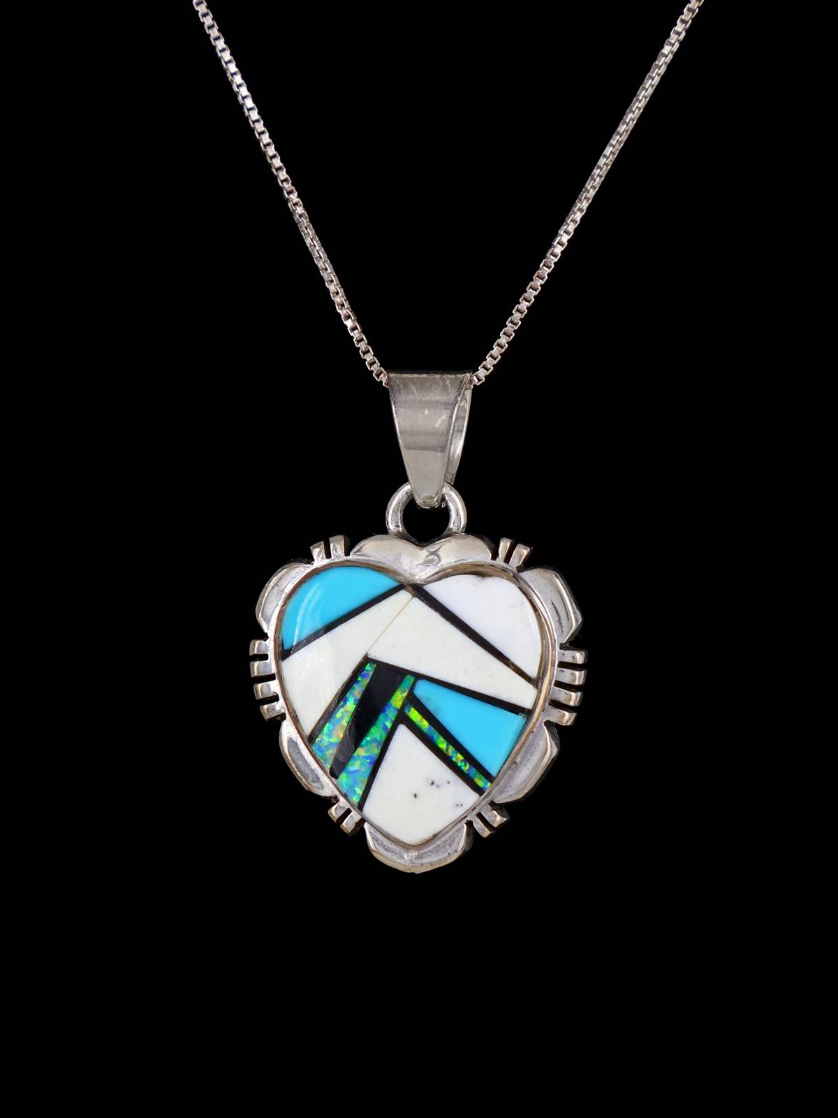 Navajo White Buffalo Mosaic Heart Inlay Pendant - PuebloDirect.com