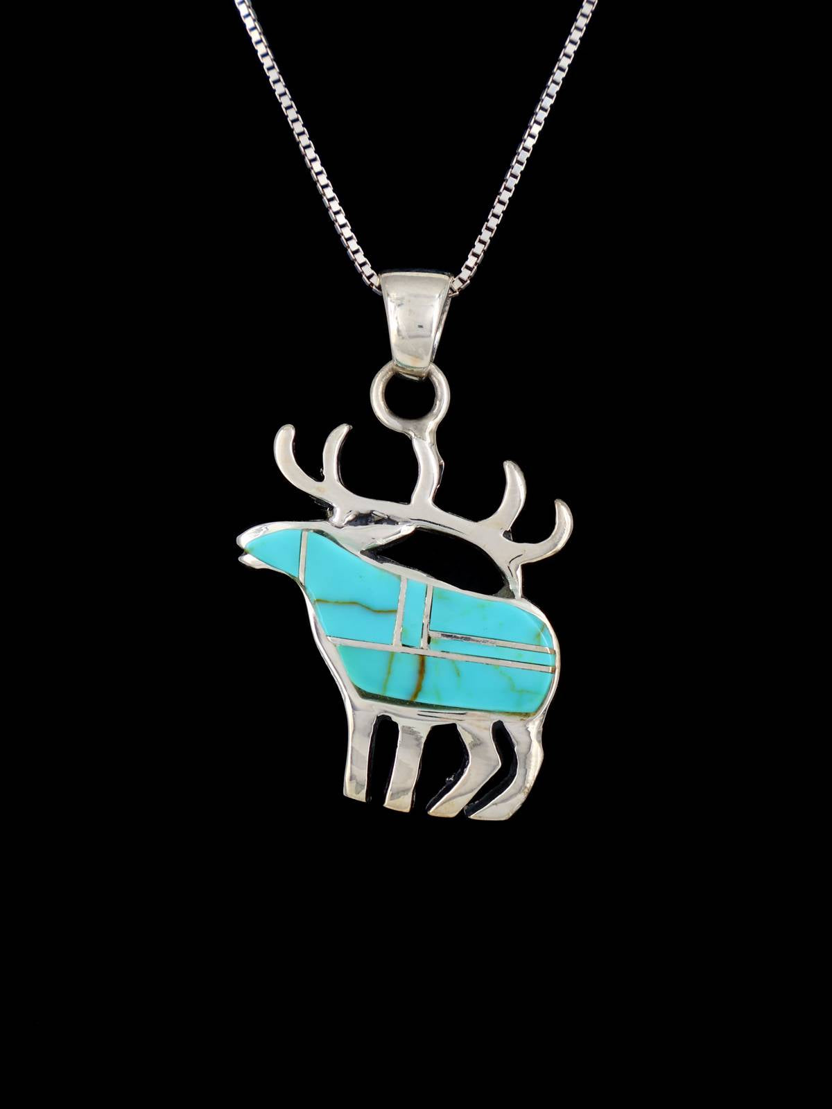 Navajo Inlay Sterling Silver Turquoise Inlay Reindeer Pendant - PuebloDirect.com