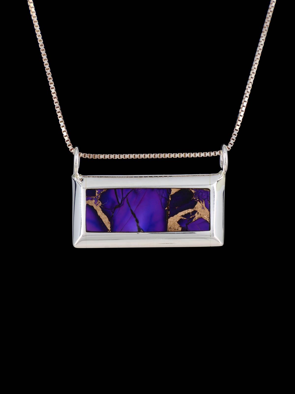 Dyed Mojave Inlay Sterling Silver Zuni Bar Pendant - PuebloDirect.com