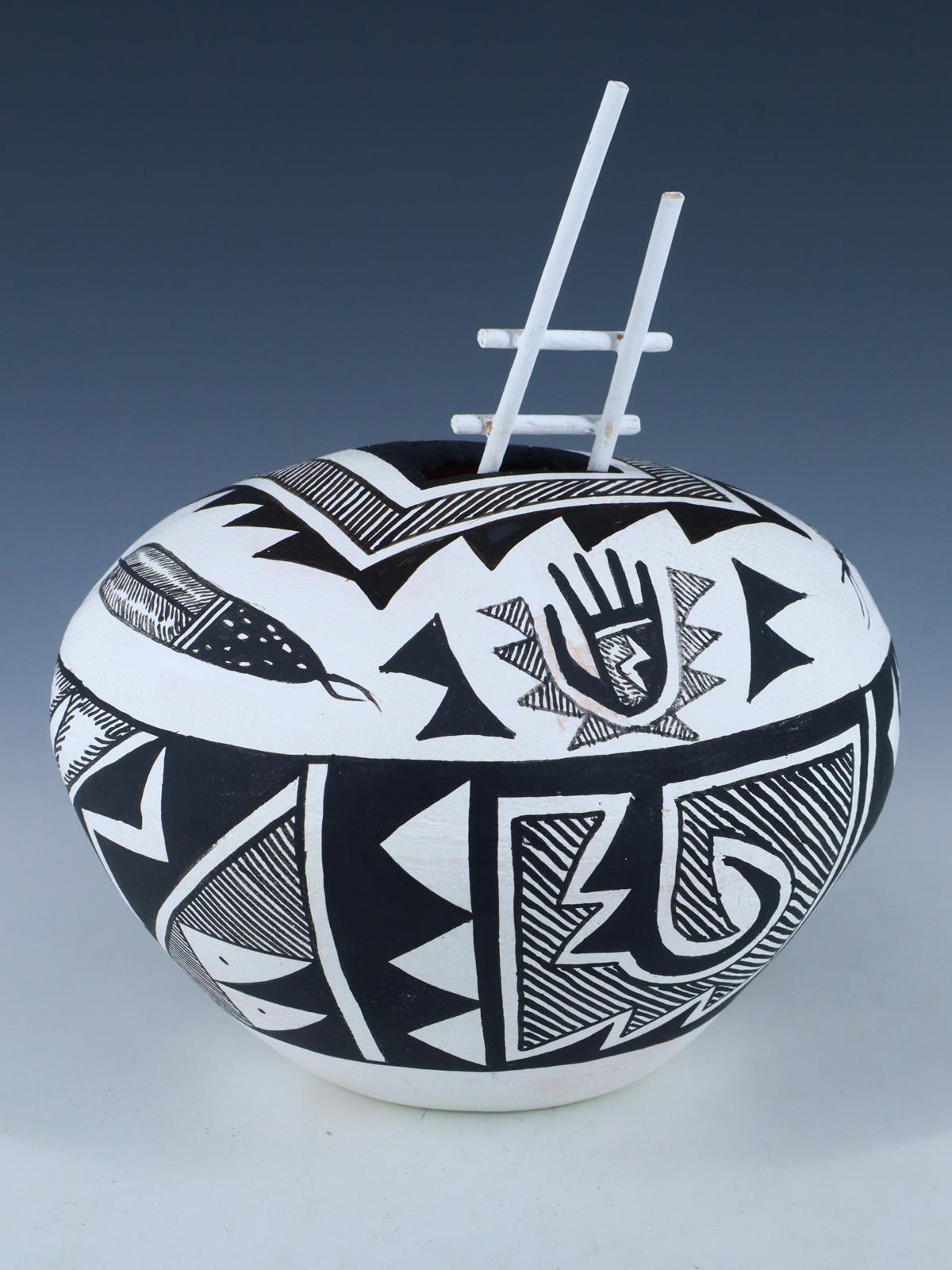Acoma Style Painted Pueblo Hand Coiled Pottery with Ladder