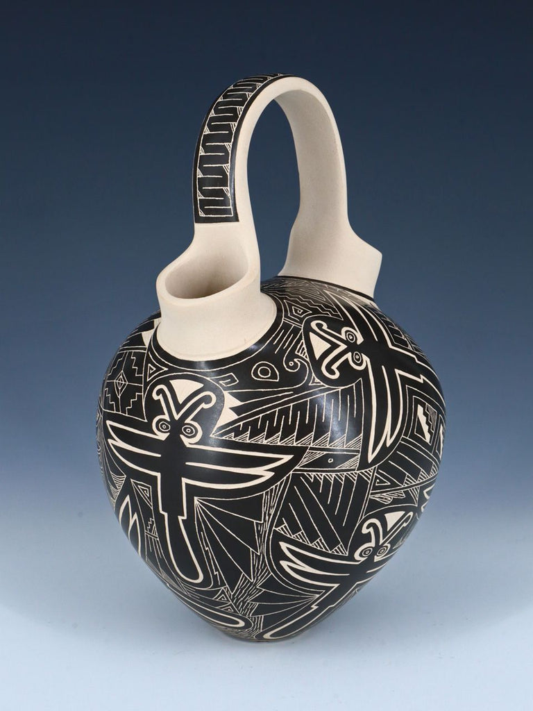 Mata Ortiz Hand Coiled Etched Dragonfly Pottery Wedding Vase - PuebloDirect.com