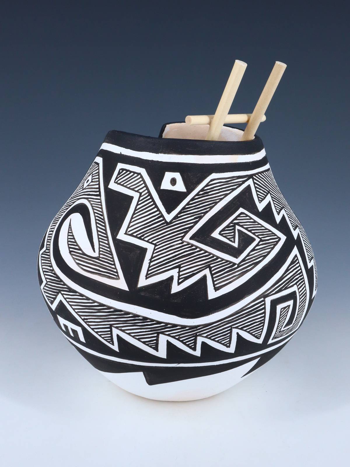 Acoma Style Painted Pueblo Hand Coiled Pottery with Ladder - PuebloDirect.com