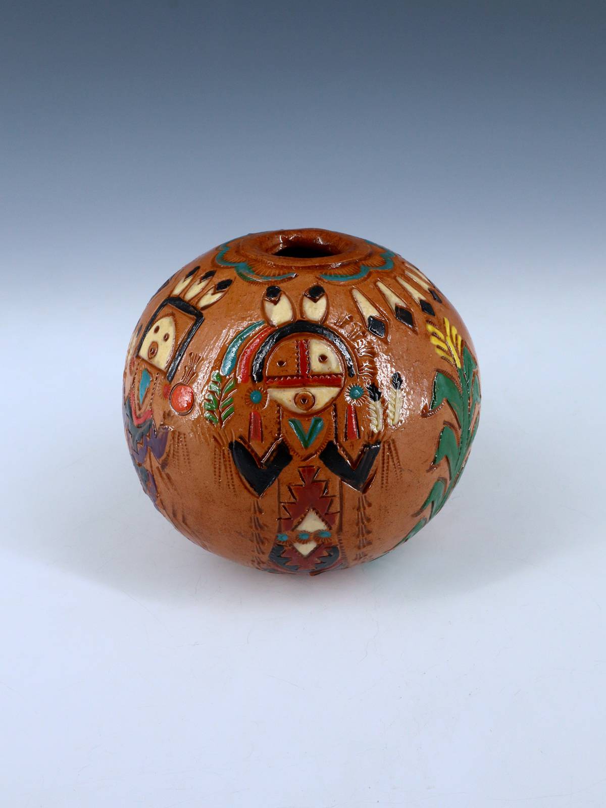 Olla de semillas de cerámica pintada a mano de bisonte grabado navajo