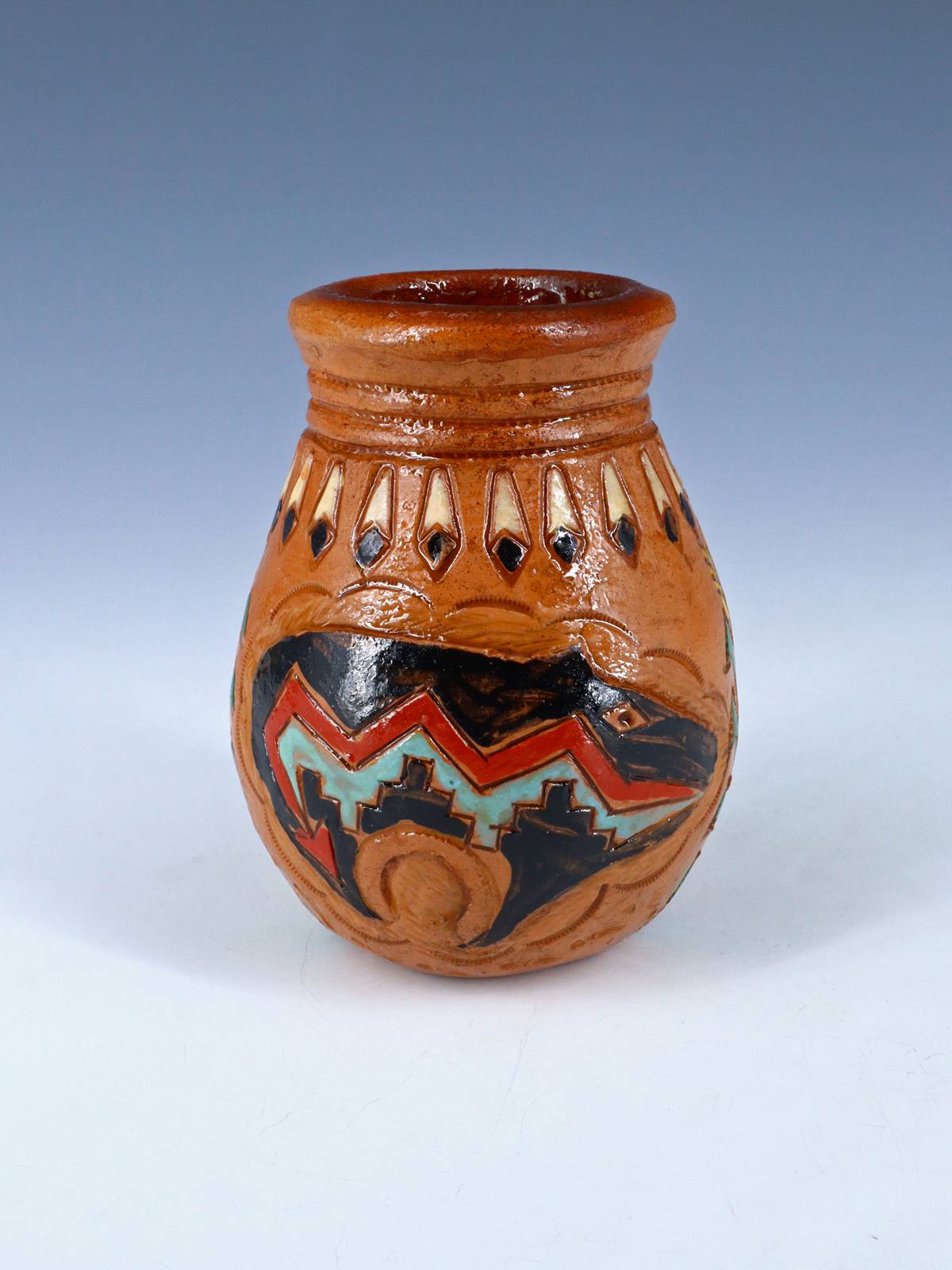 Olla de semillas de cerámica pintada a mano de bisonte grabado navajo