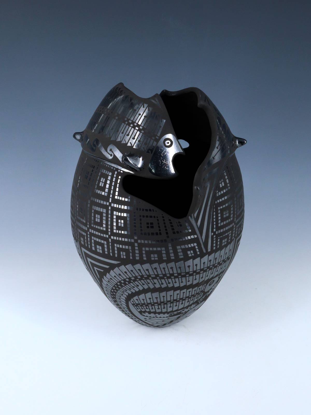 Mata Ortiz Hand Coiled Black Pottery Vase